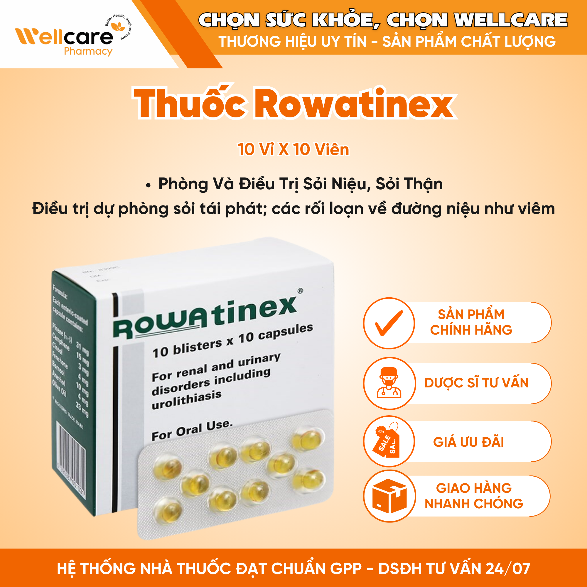 Thuốc Rowatinex phòng và điều trị sỏi niệu, sỏi thận (10 vỉ x 10 viên)