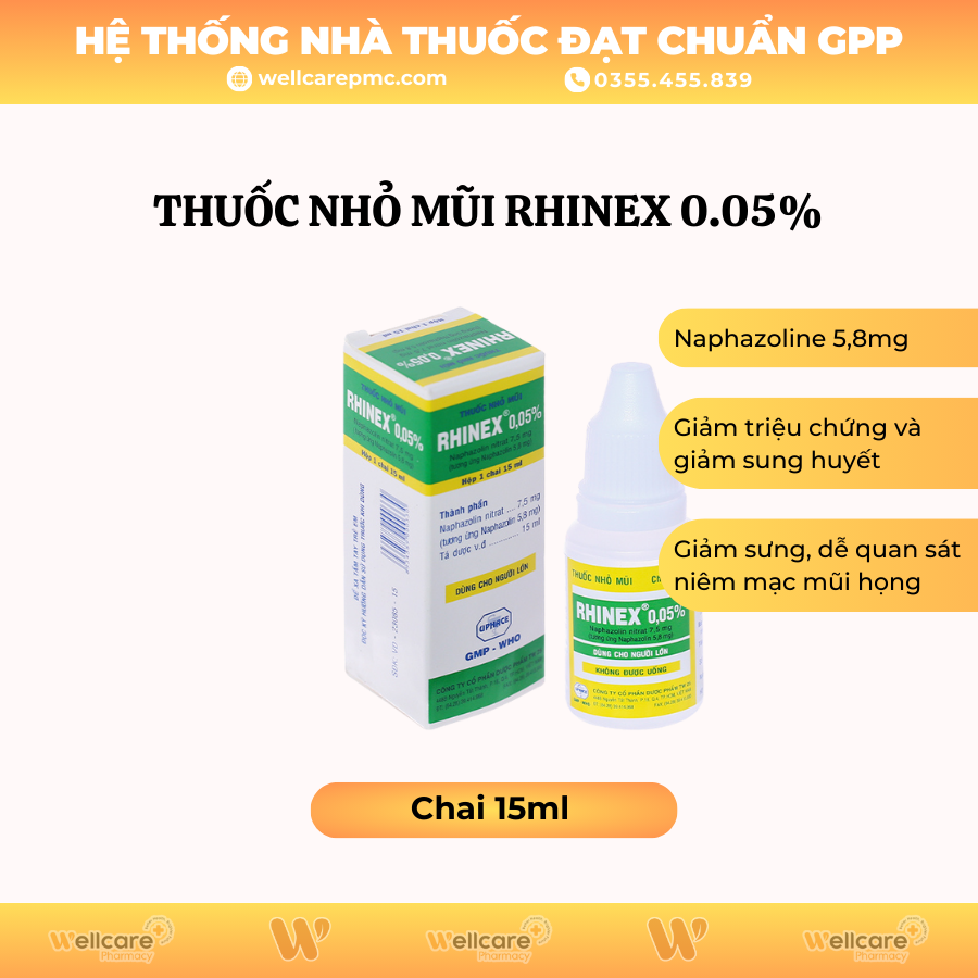 Thuốc nhỏ mũi Rhinex 0.05% – Giảm triệu chứng, sung huyết trong viêm mũi (chai 15ml)
