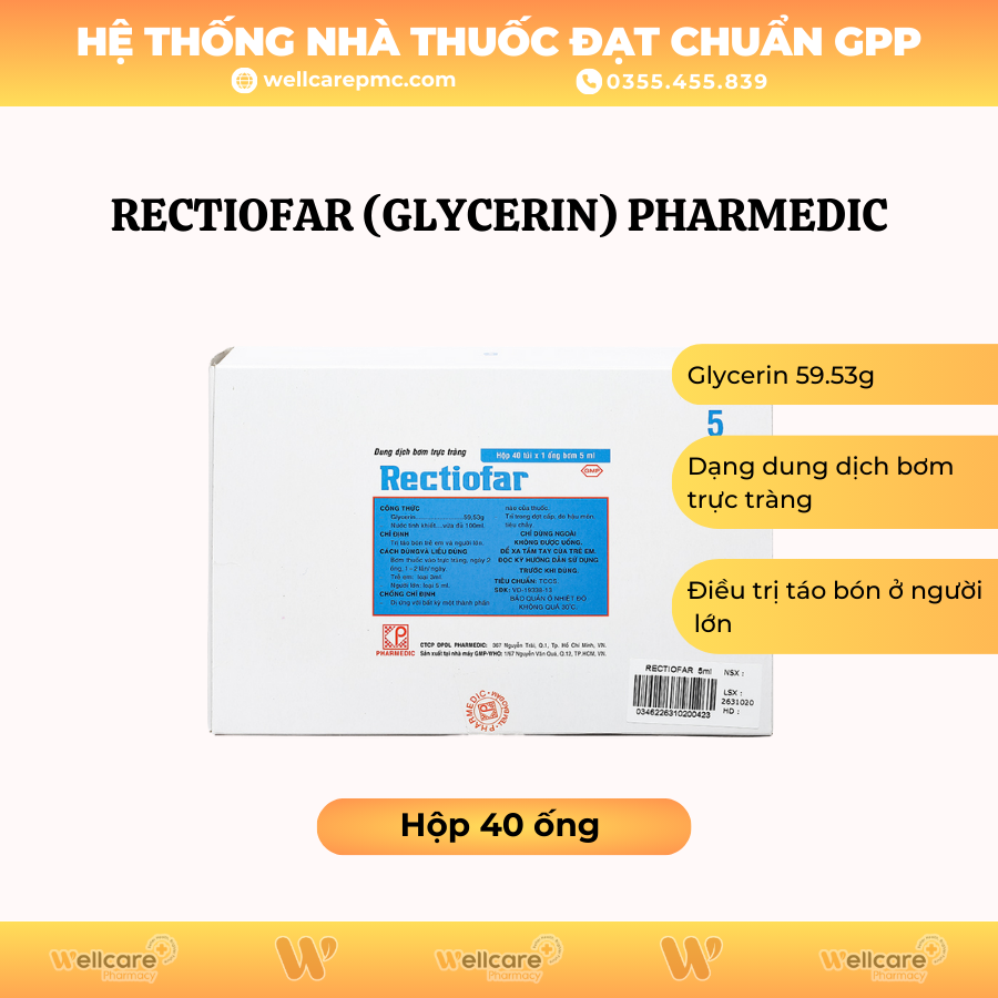 Rectiofar (Glycerin) Pharmedic – Dung dịch bơm trực tràng điều trị táo bón hiệu quả (5ml)
