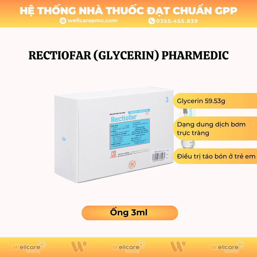 Rectiofar (Glycerin) Pharmedic – Dung dịch bơm trực tràng điều trị táo bón hiệu quả (3ml)