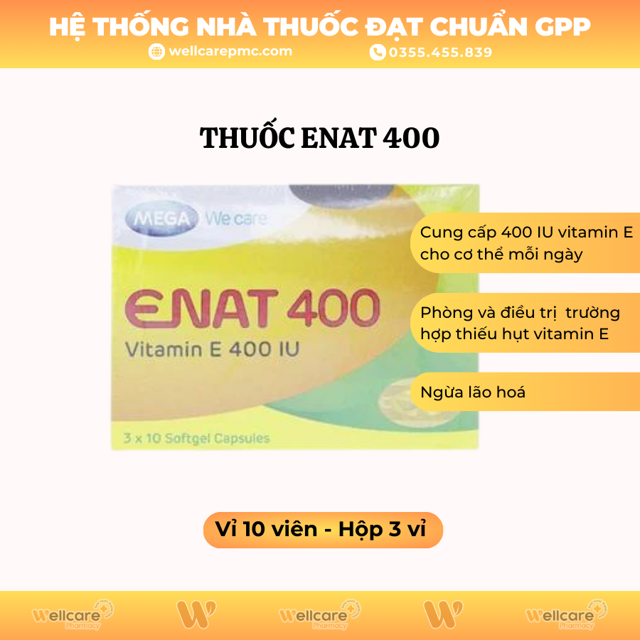 Thuốc Enat 400 bổ sung vitamin E, ngừa lão hóa (3 vỉ x 10 viên)