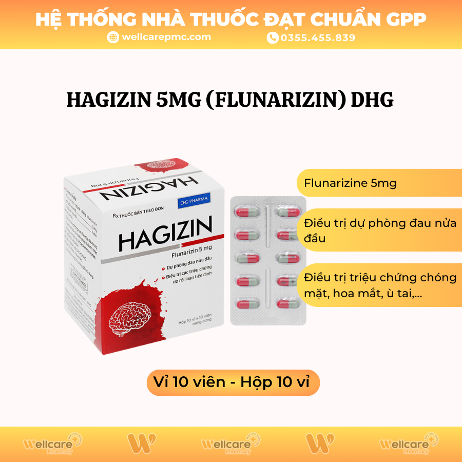 Hagizin 5mg (Flunarizin) DHG – Điều trị đau nửa đầu (10 vỉ x 10 viên)