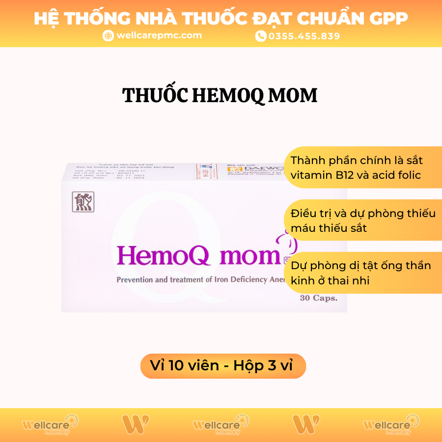 Thuốc HemoQ Mom – Phòng ngừa và điều trị thiếu máu (3 vỉ x 10 viên)