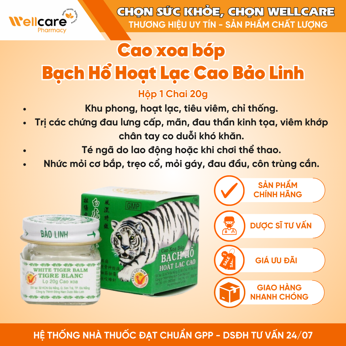 Cao xoa bóp Bạch Hổ Hoạt Lạc Cao Bảo Linh – Hỗ trợ giảm đau kháng viêm (12 lọ x 20g)