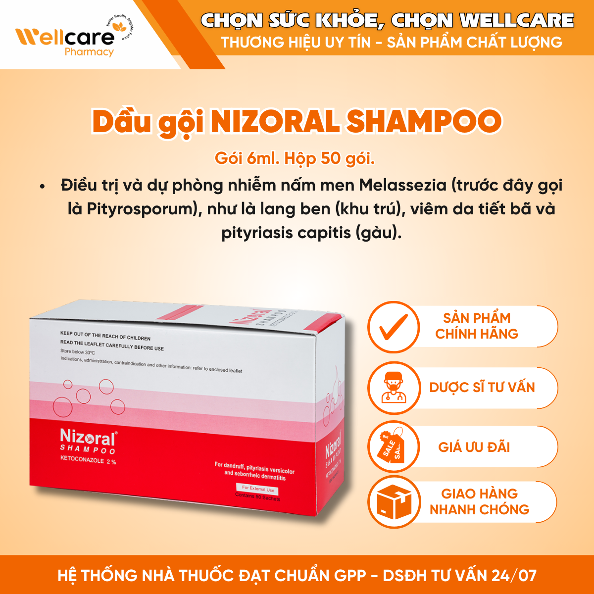 Dầu gội NIZORAL SHAMPOO 20MG/G – Trị nấm da đầu, lang ben (6ML X 50’S)