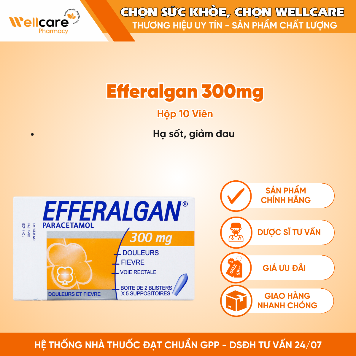 Efferalgan 300mg Viên đặt  – Giảm đau, hạ sốt (10 viên)