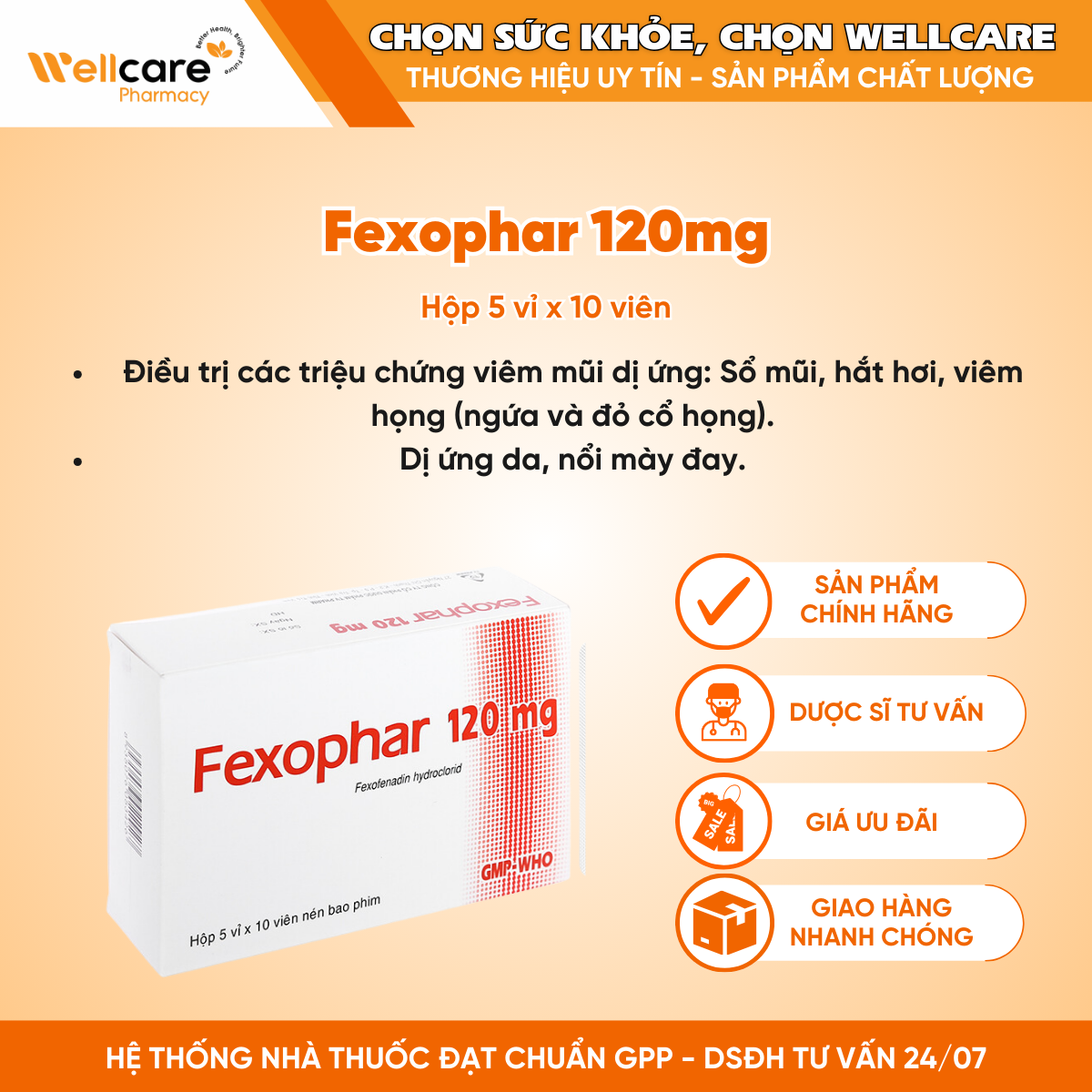 Fexophar 120mg – Trị viêm mũi dị ứng, dị ứng da, nổi mề đay (5 vỉ x 10 viên)