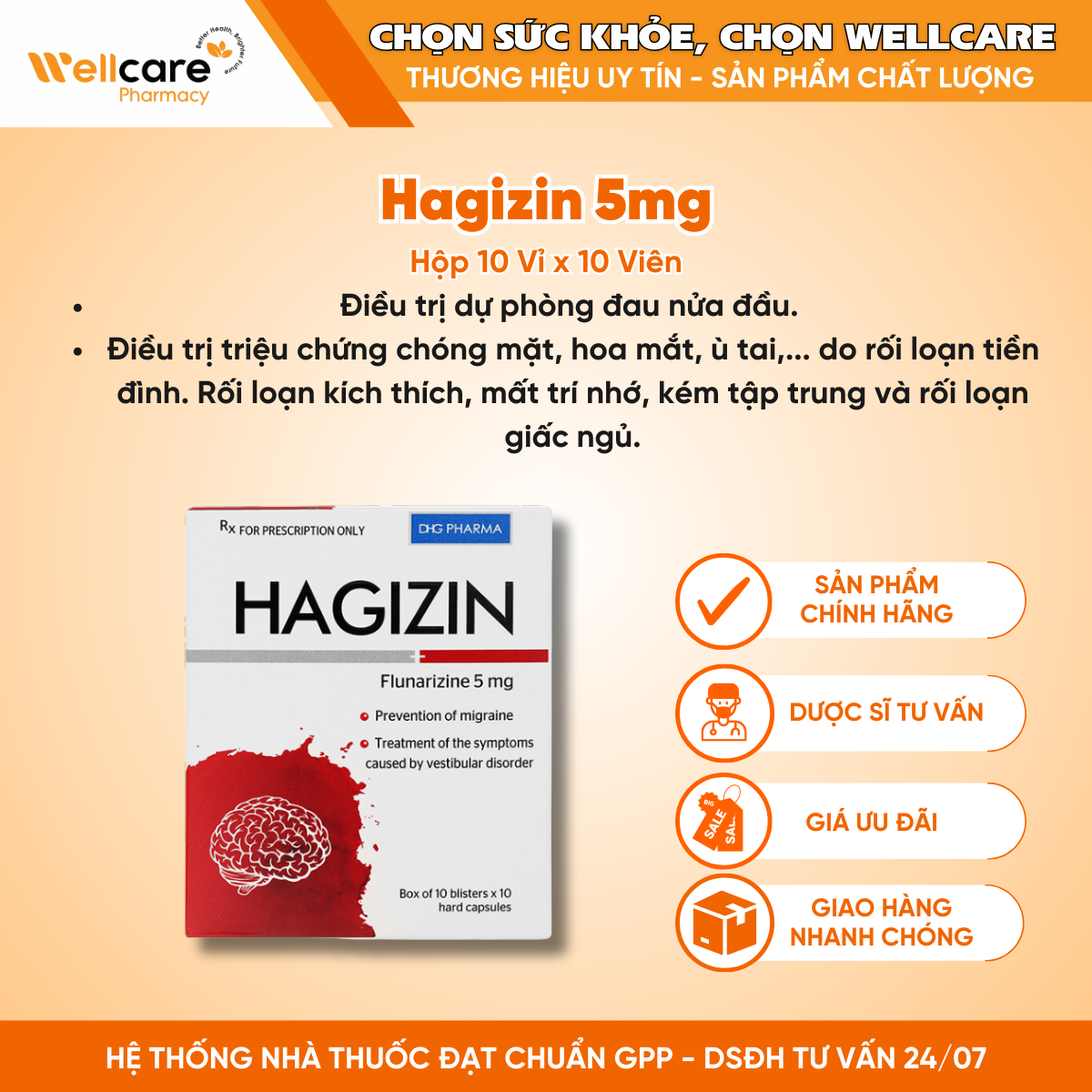 Hagizin 5mg (Flunarizin) DHG – Điều trị đau nửa đầu (10 vỉ x 10 viên)