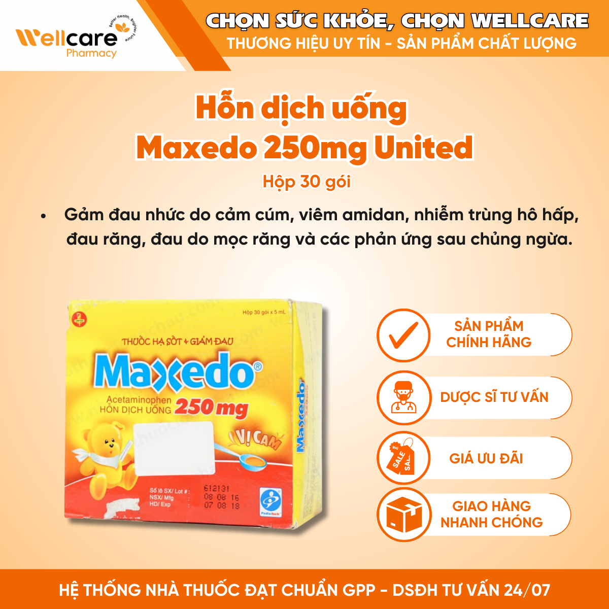 Hỗn dịch uống Maxedo 250mg United – Giúp giảm đau nhức, hạ sốt (30 gói x 5ml)