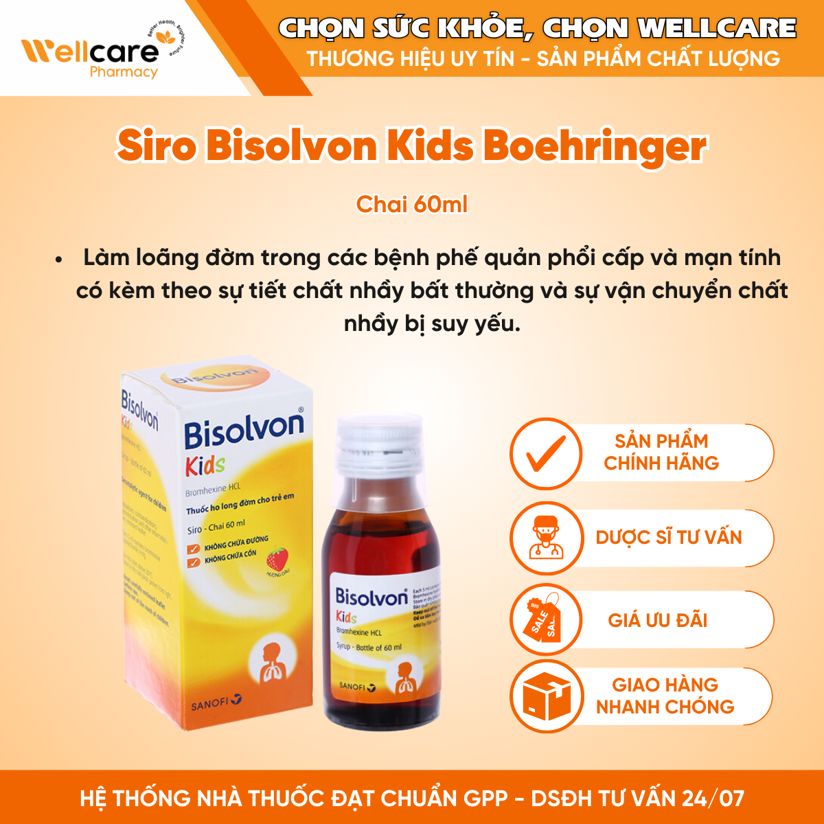 Siro Bisolvon Kids Boehringer – Làm loãng đờm trong các bệnh phế quản phổi cấp và mạn tính (60ml)