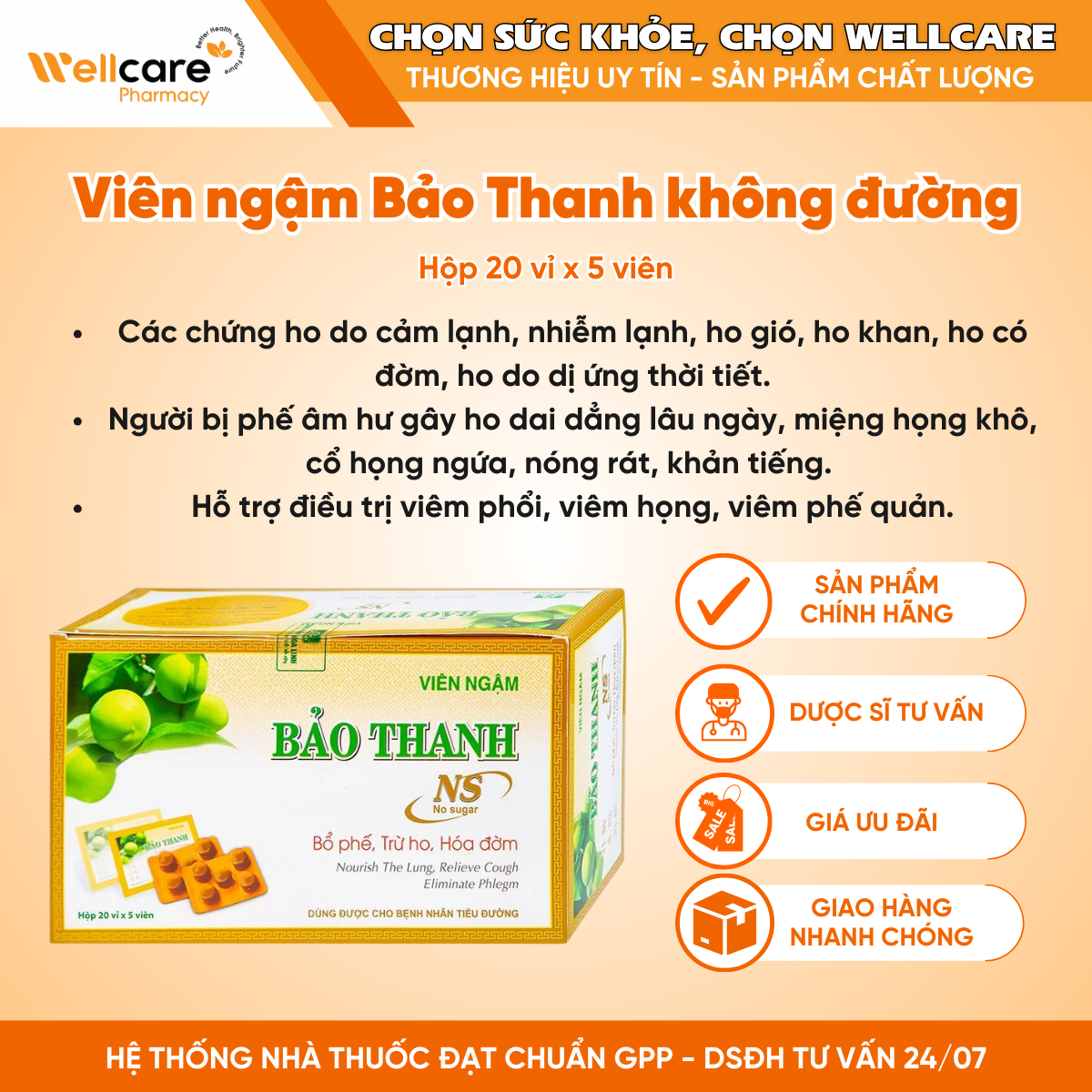 Viên ngậm Bảo Thanh không đường Hoa Linh bổ phế, trừ ho, hóa đờm (20 vỉ x 5 viên)