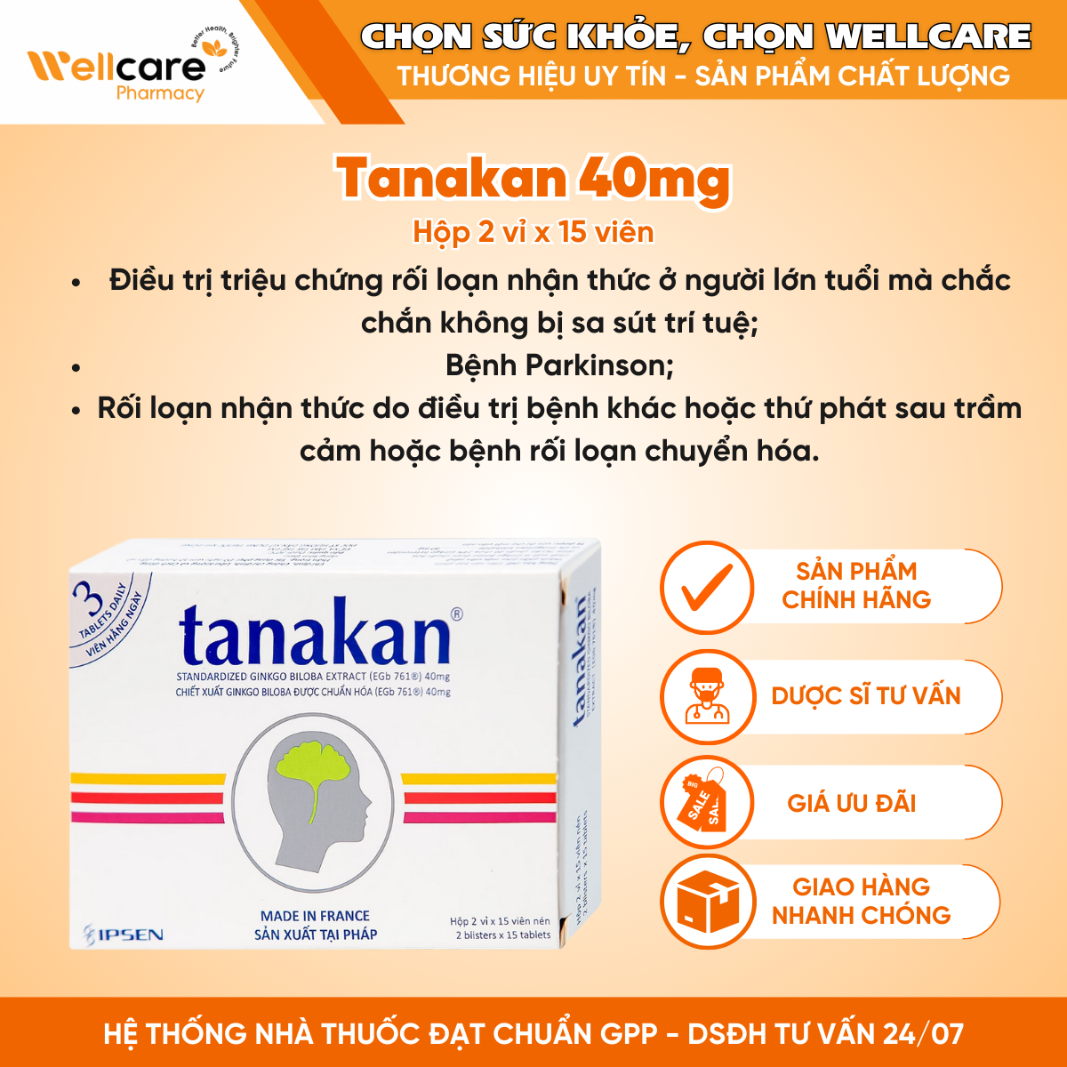 Thuốc Tanakan 40mg Ipsen – Điều trị triệu chứng rối loạn nhận thức ở người lớn tuổi (2 vỉ x 15 viên)