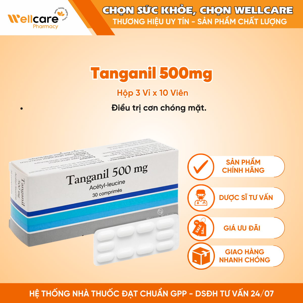 Thuốc Tanganil 500mg Pierre Fabre – Hỗ trợ điều trị cơn chóng mặt (3 vỉ x 10 viên)