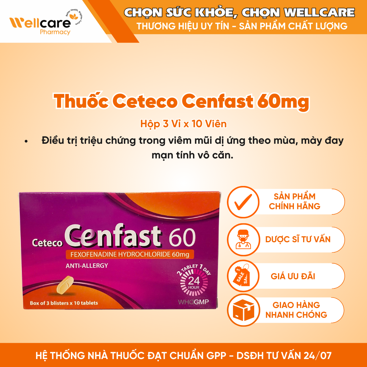 Thuốc Cetecocenfast 60mg (Fexofenadine) TW3 – Điều trị các triệu chứng viêm mũi dị ứng (3vi x 10vien)