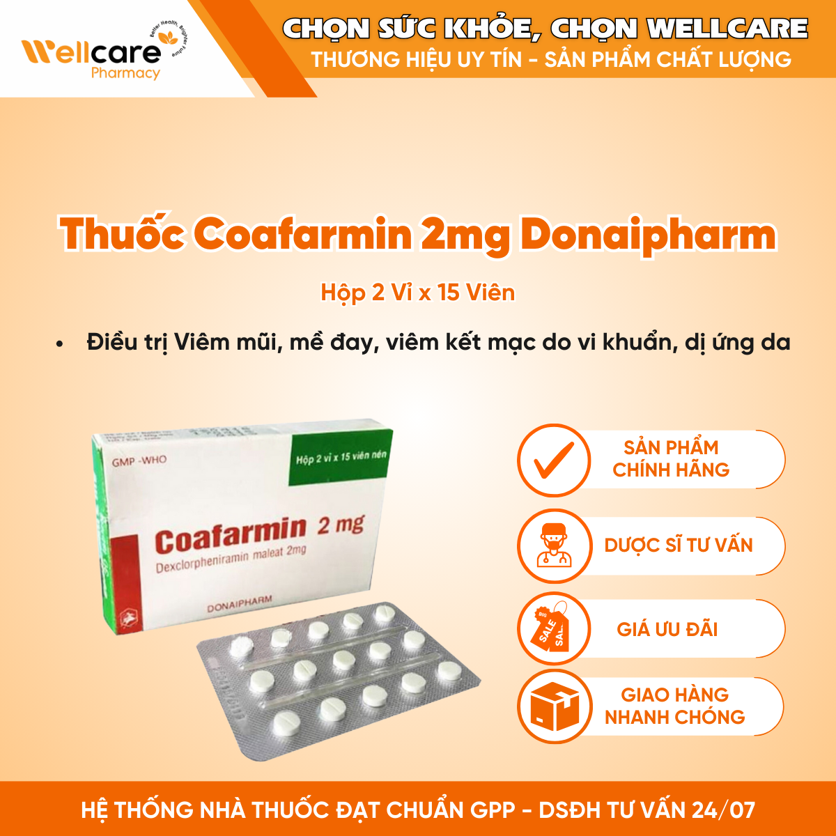 Thuốc Coafarmin 2mg Donaipharm – Thuốc chống dị ứng (30 viên)