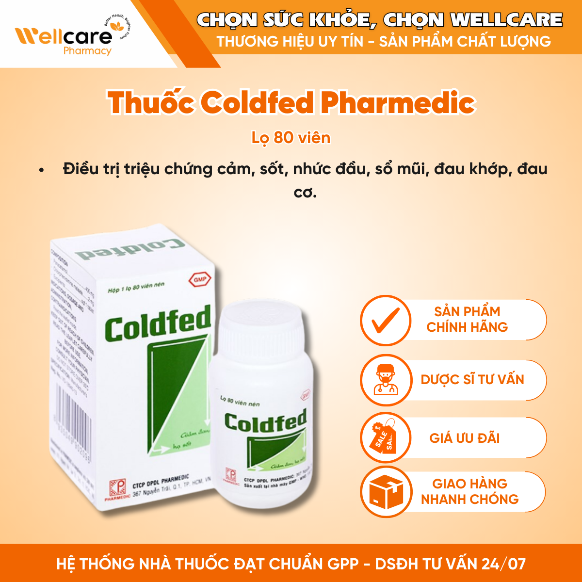 Thuốc Coldfed Pharmedic – Điều trị triệu chứng cảm, sốt (Lọ 80 viên)