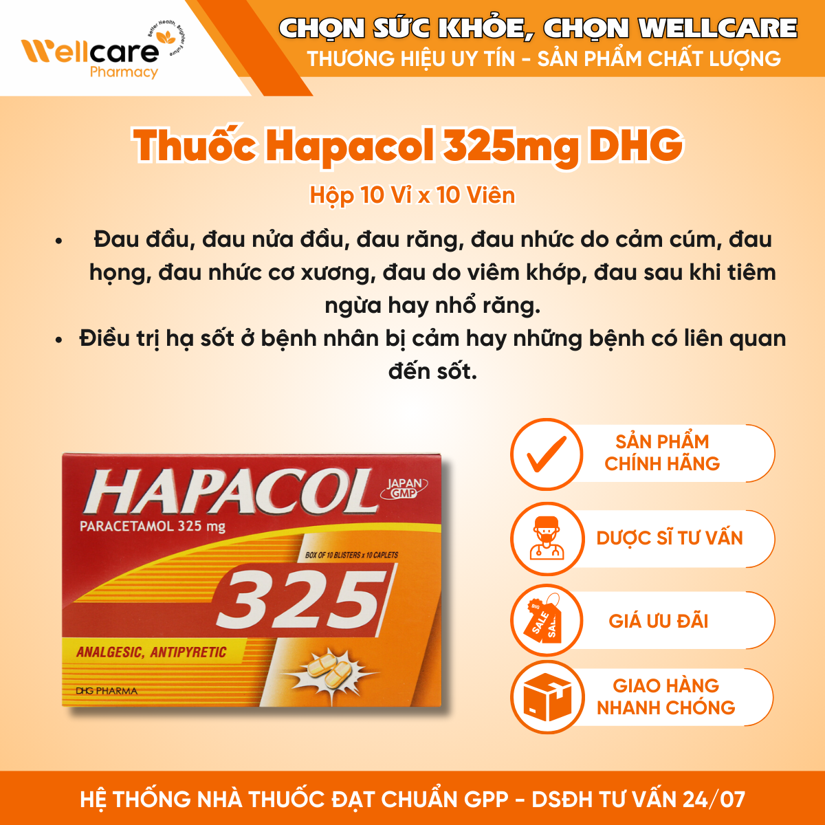 Thuốc Hapacol 325mg DHG – giảm đau do cảm, sốt, nhiễm khuẩn (10 vỉ x 10 viên)