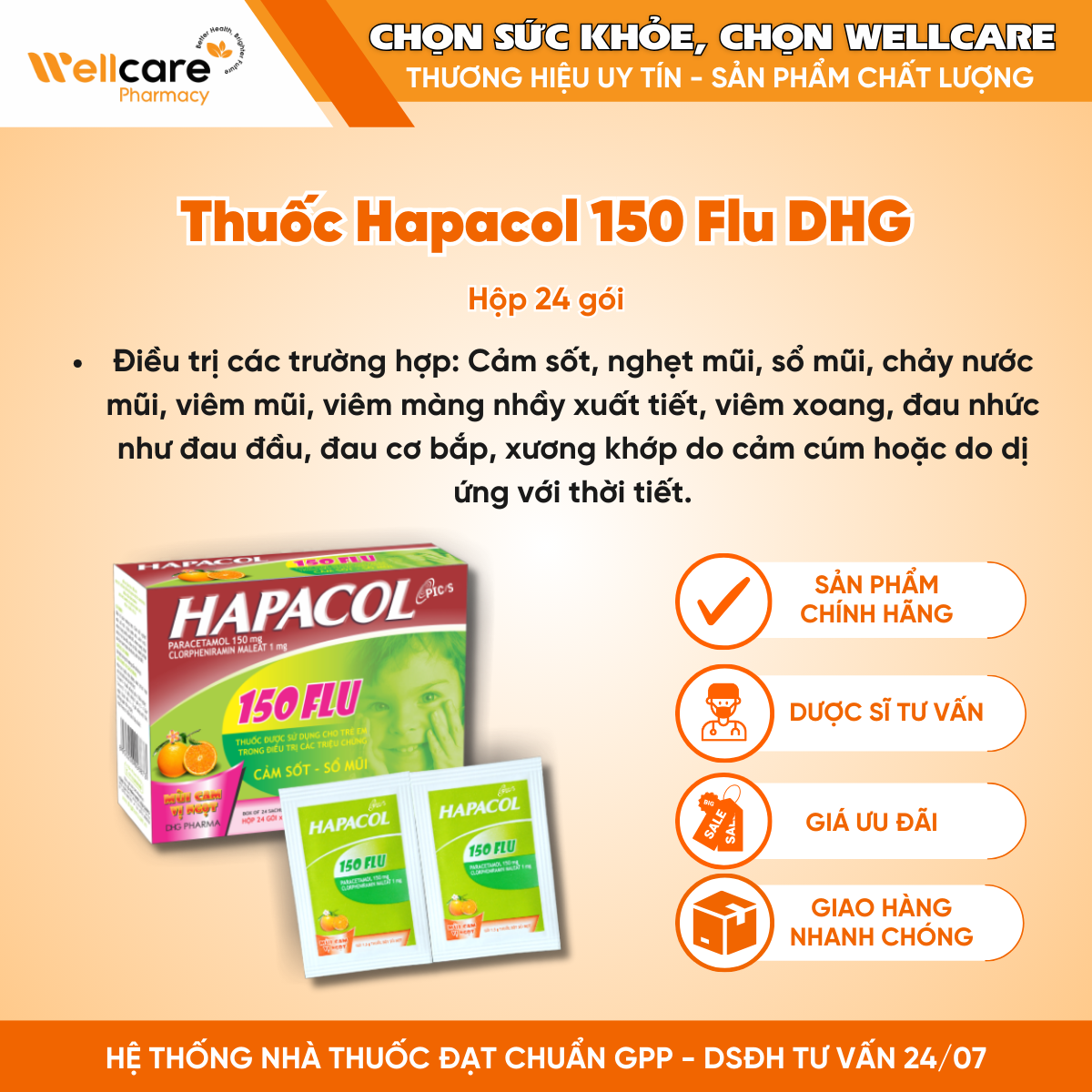 Thuốc Hapacol 150 Flu DHG – Điều trị triệu chứng cảm sốt, sổ mũi (1.5g x 24 gói)