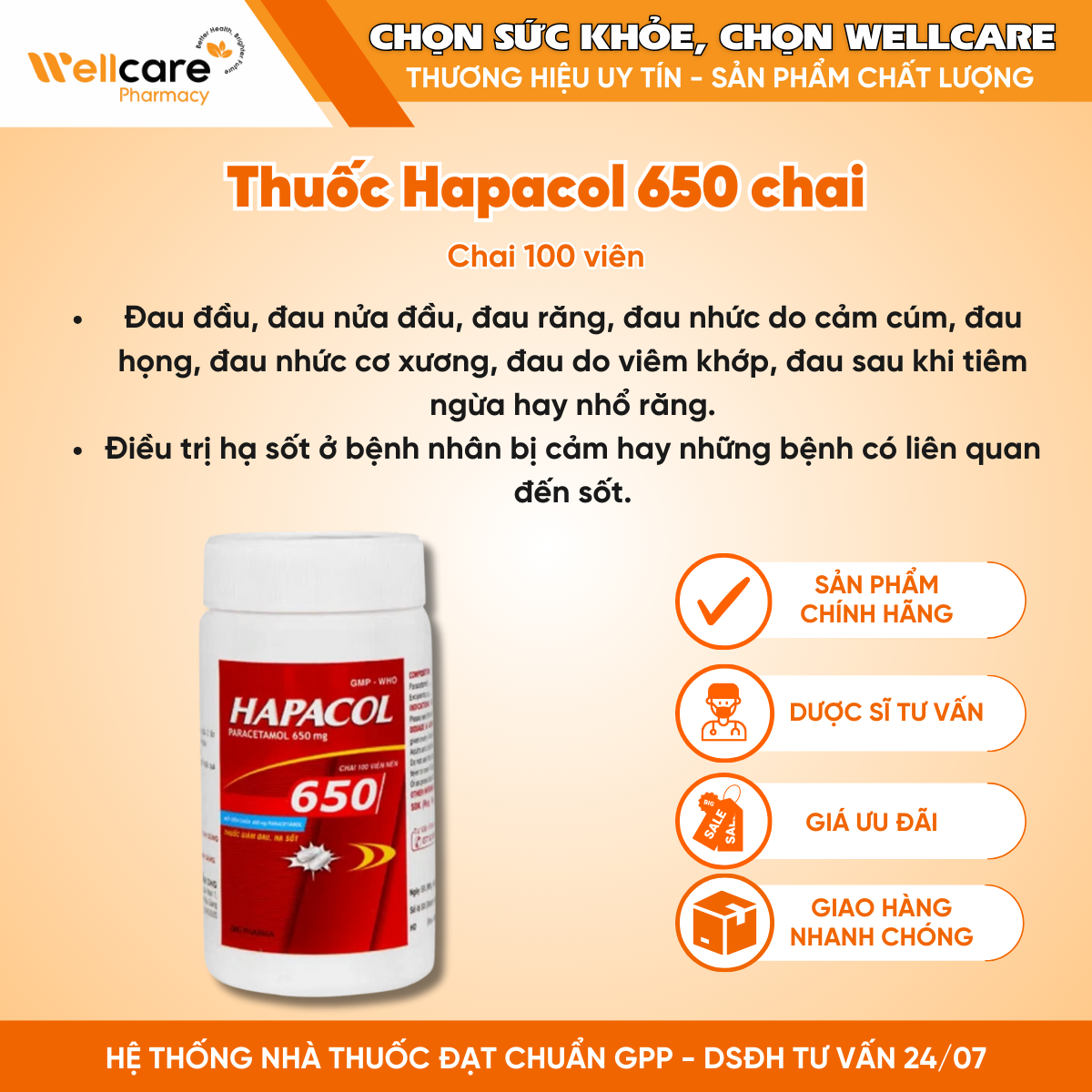 Thuốc Hapacol 650 Chai – Giảm đau, hạ sốt (100 viên)