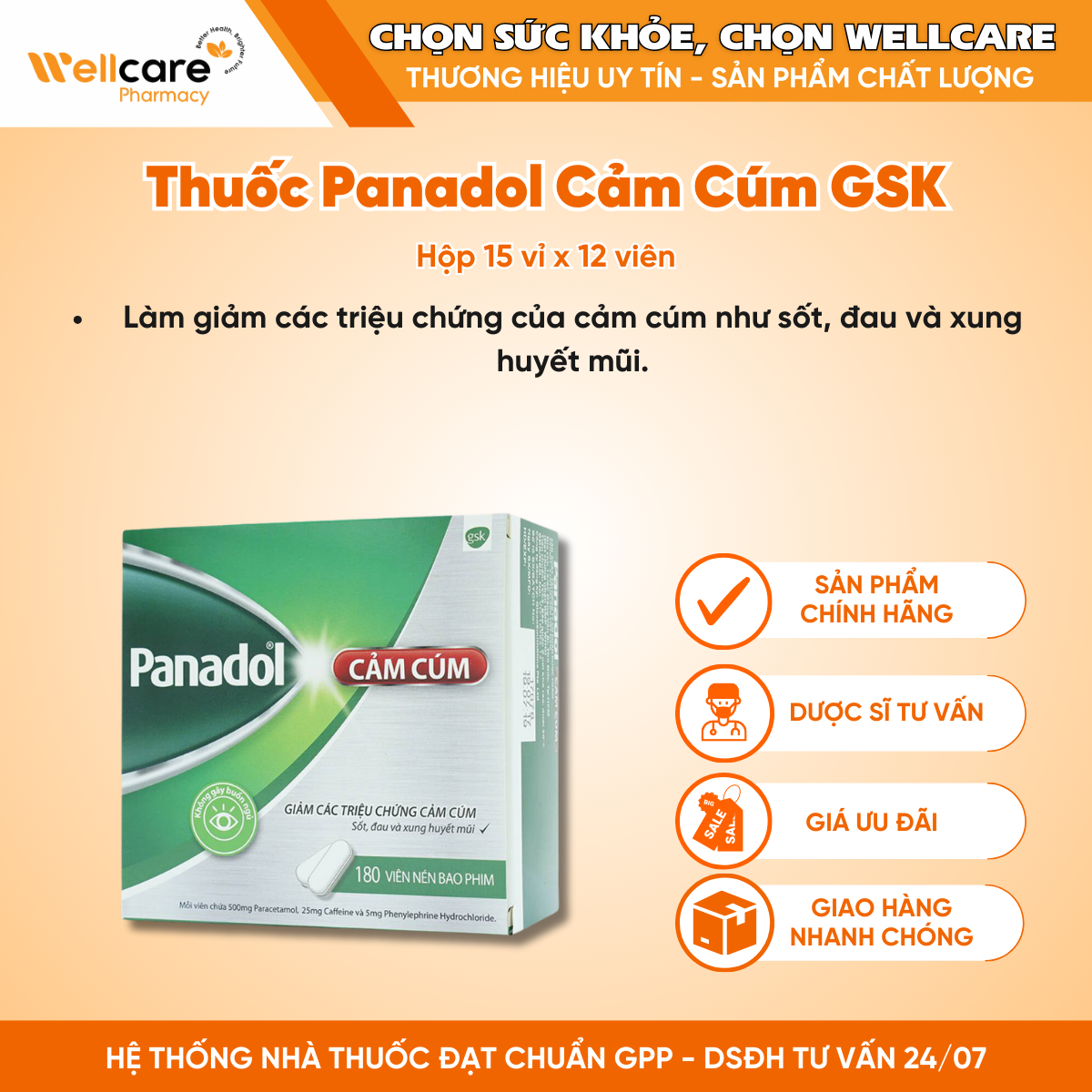 Thuốc Panadol Cảm Cúm GSK – Giảm các chứng cảm cúm (15 vỉ x 12 viên)