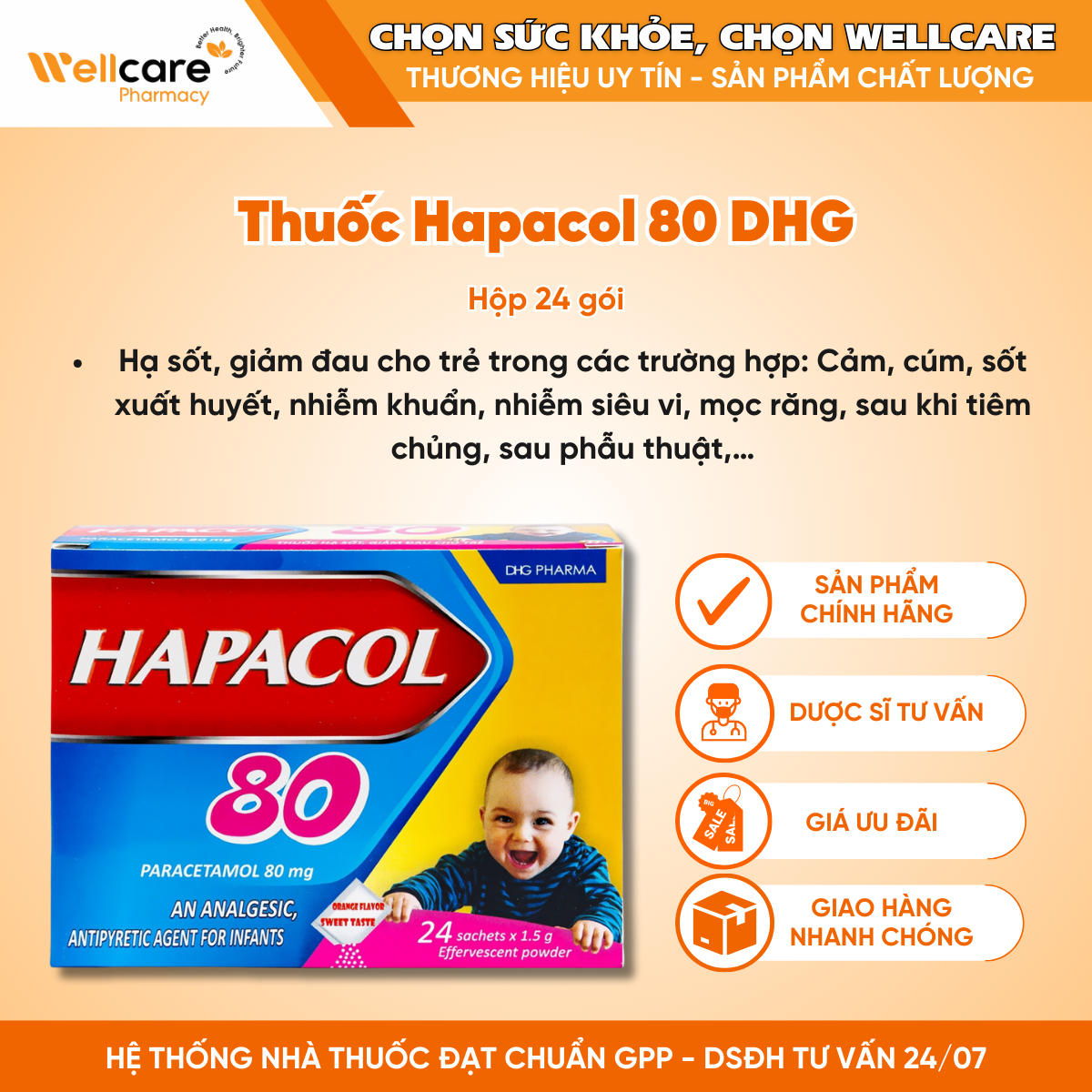 Thuốc Hapacol 80 DHG – Hỗ trợ giảm đau và hạ sốt cho trẻ (24 gói x 1.5g)