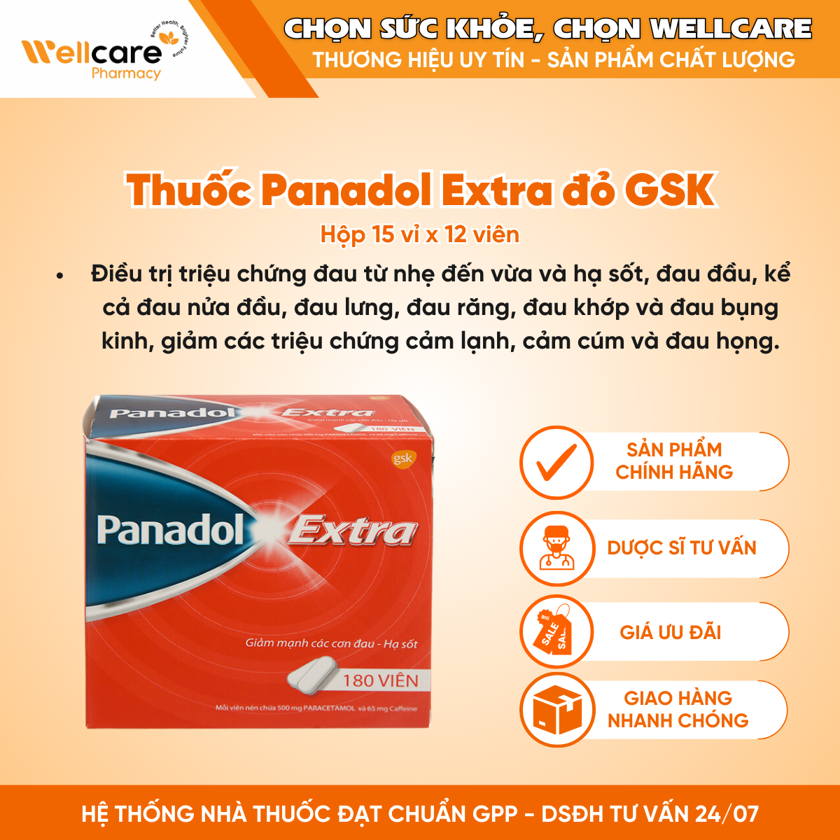 Thuốc Panadol Extra đỏ GSK – Giúp giảm đau, hạ sốt (15 vỉ x 12 viên)