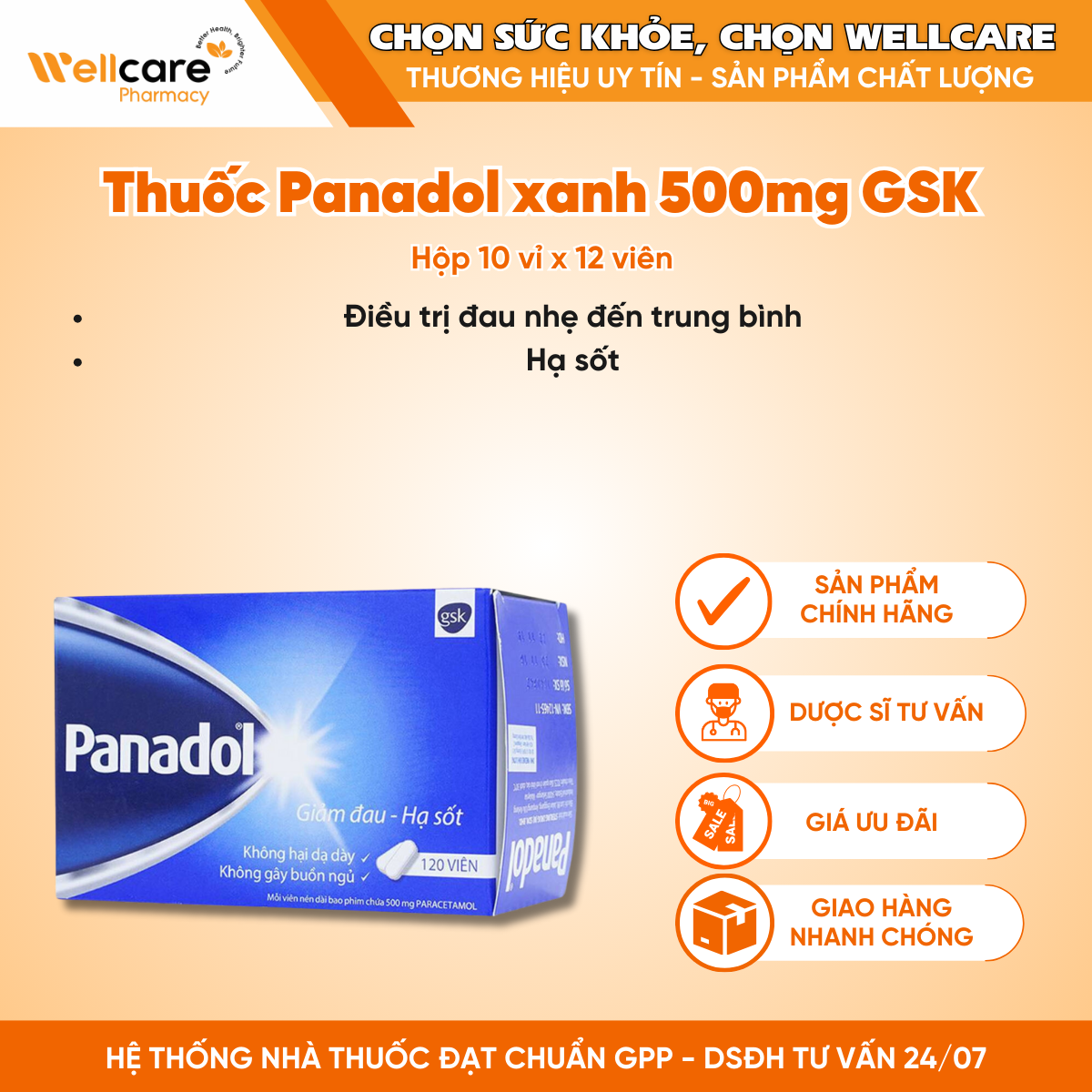 Thuốc Panadol xanh 500mg GSK – Hạ sốt và điều trị đau nhẹ đến trung bình (10 vỉ x 12 viên)