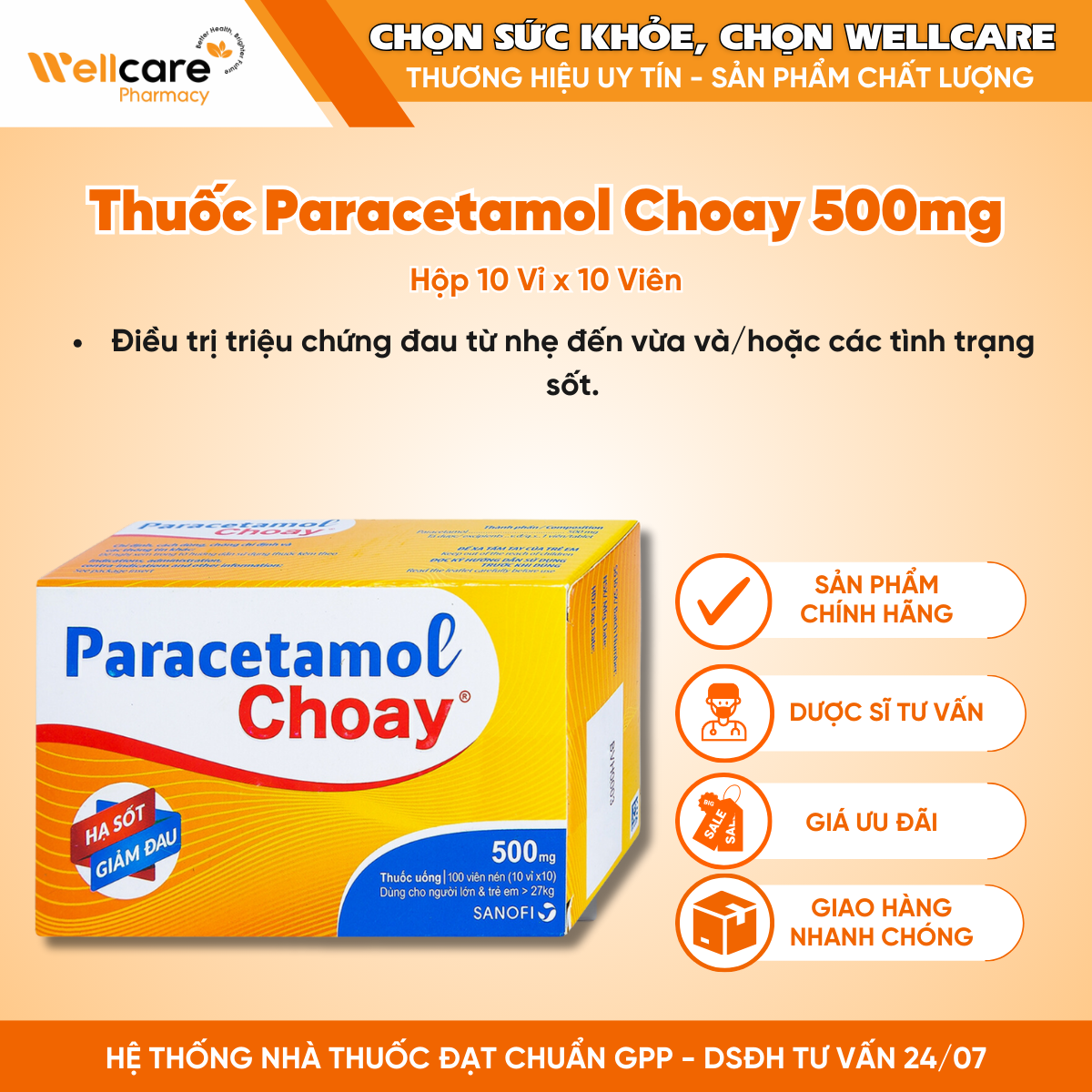 Thuốc Paracetamol Choay 500mg Sanofi – Hỗ trợ giảm đau, hạ sốt (10 vỉ x 10 viên)