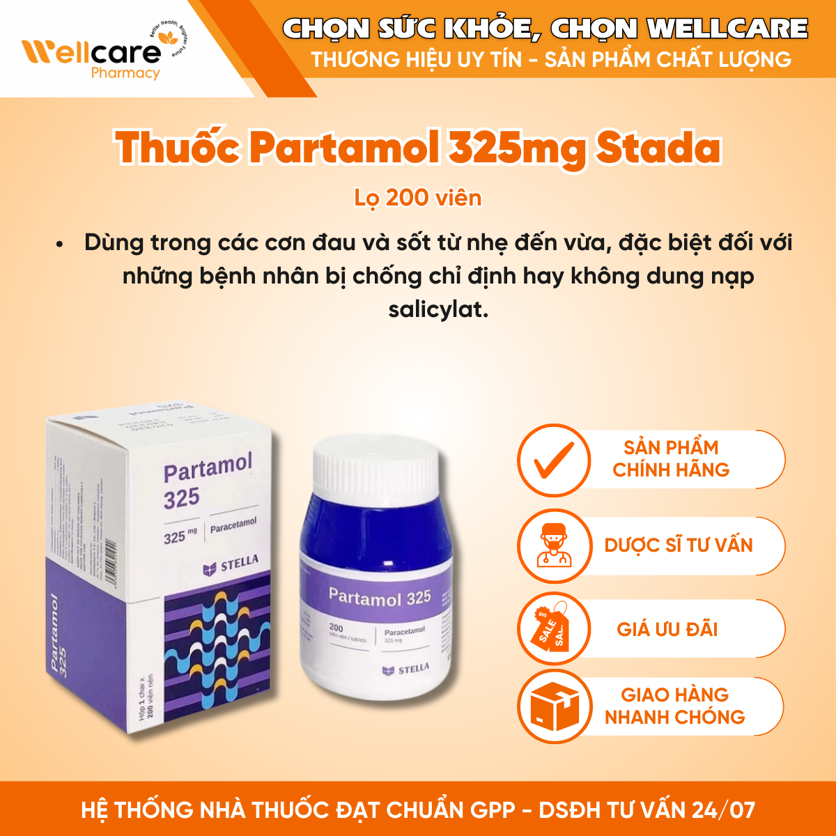 Thuốc Partamol 325mg Stada – Giảm đau và hạ sốt (Lọ 200 viên)