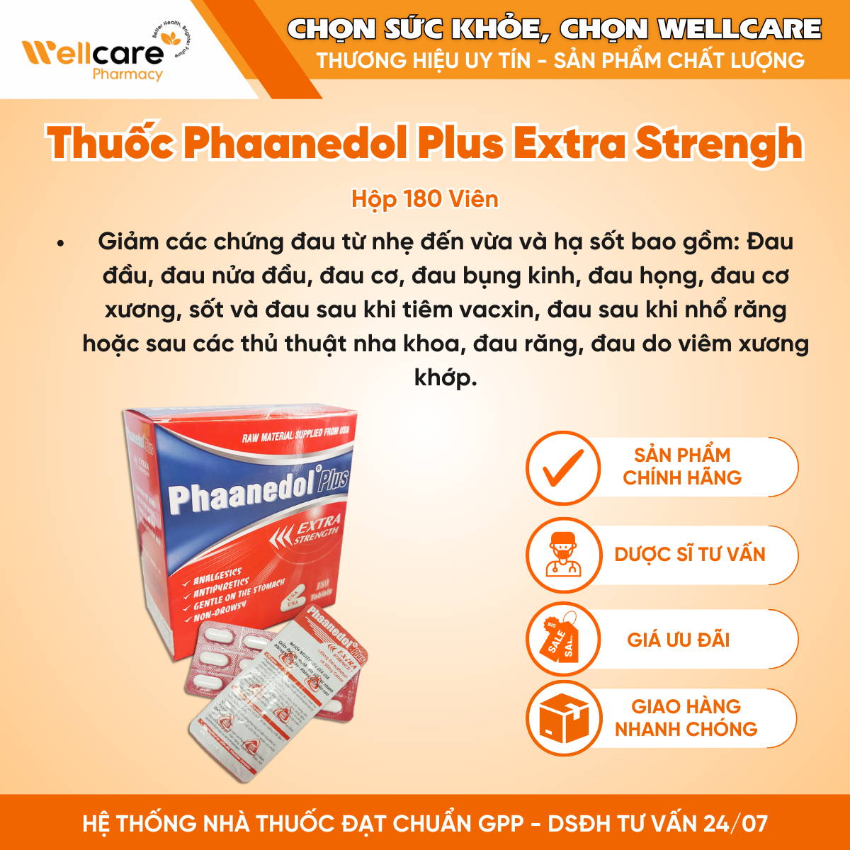 Thuốc Phaanedol Plus Extra Strengh 500/65 Usa-Nic Pharma – Giúp giảm đau, hạ sốt (180 viên)