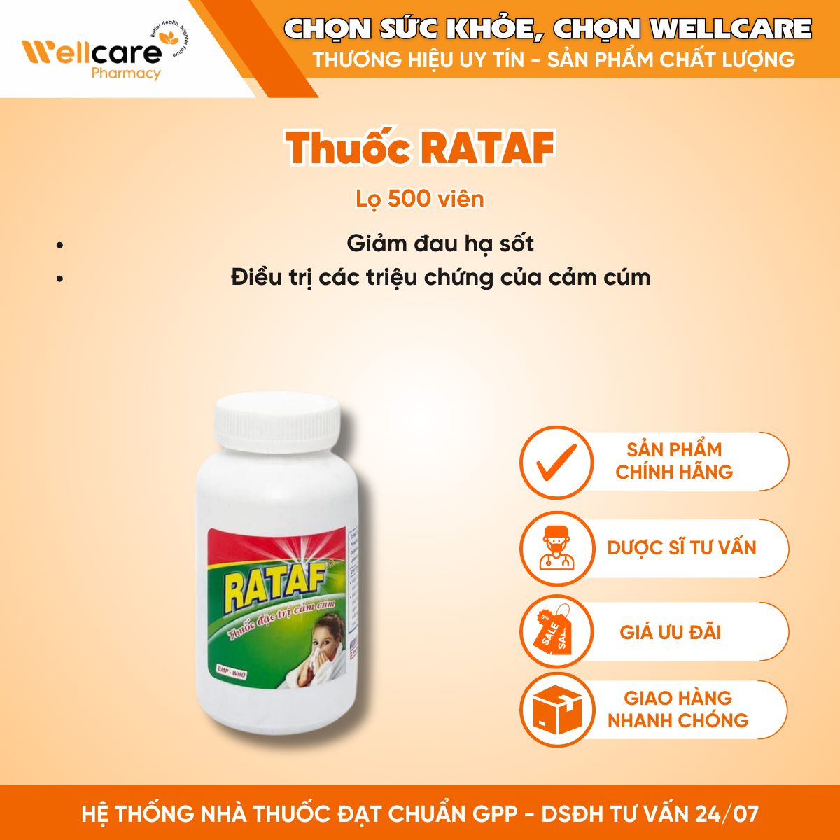 Thuốc RATAF – Giảm đau, hạ sốt (Lọ 500 viên)