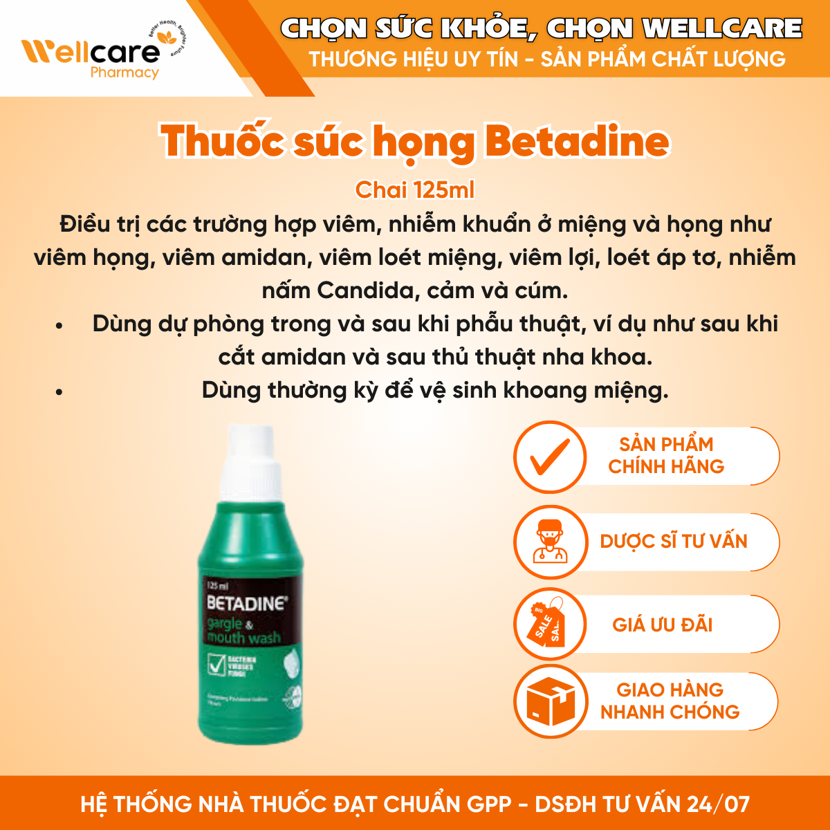 Thuốc súc họng Betadine Gargle & Mouth Wash – Điều trị nhiễm trùng niêm mạc miệng, cổ họng (125ml)