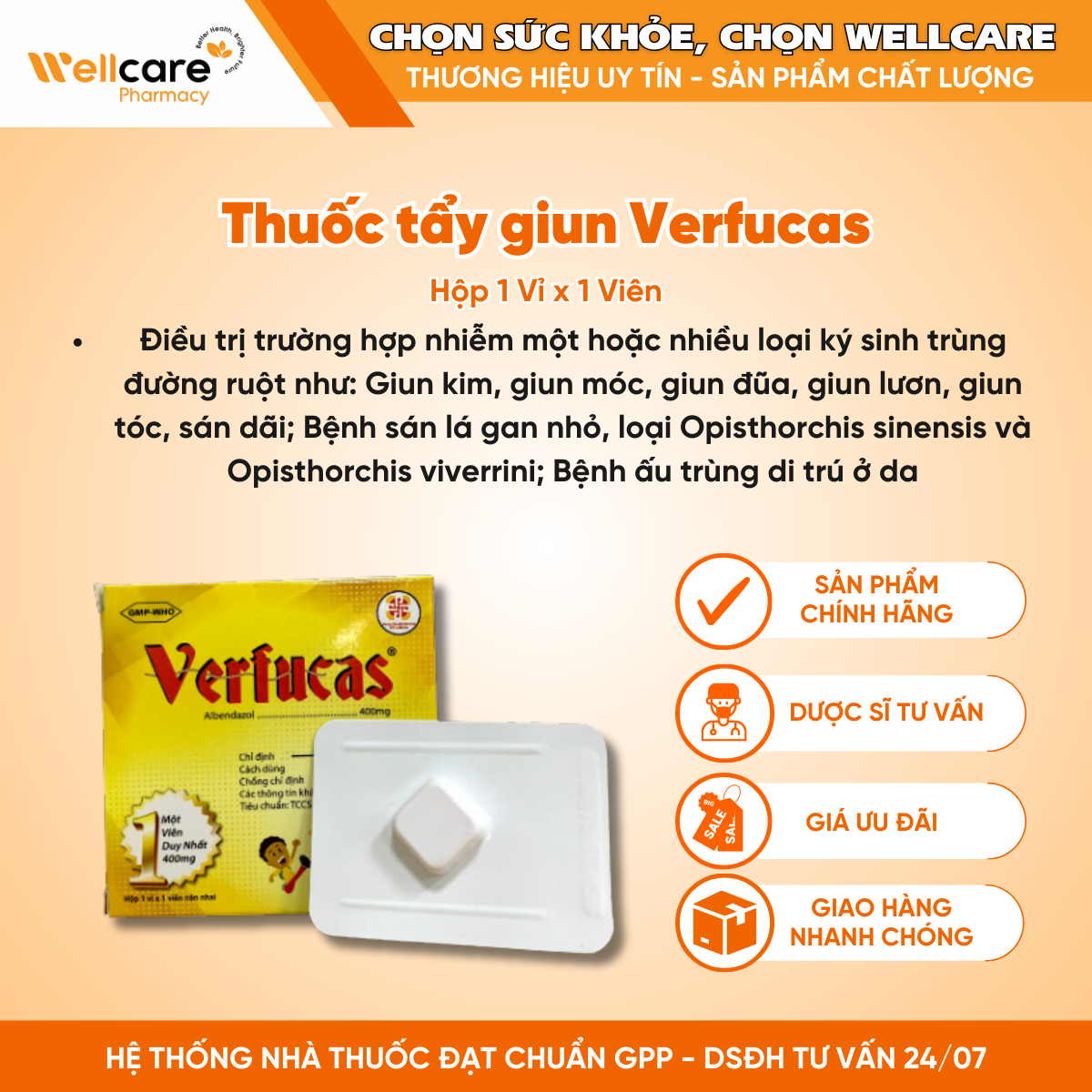 Thuốc tẩy giun Verfucas (1 vỉ x 1 viên)