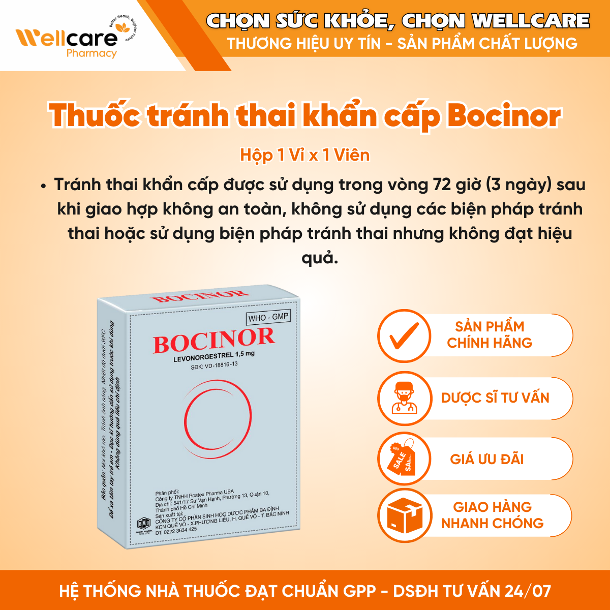 Thuốc tránh thai khẩn cấp Bocinor (Levonorgestrel 1,5mg) Ba Đình ( hop 1vi x 1vien)