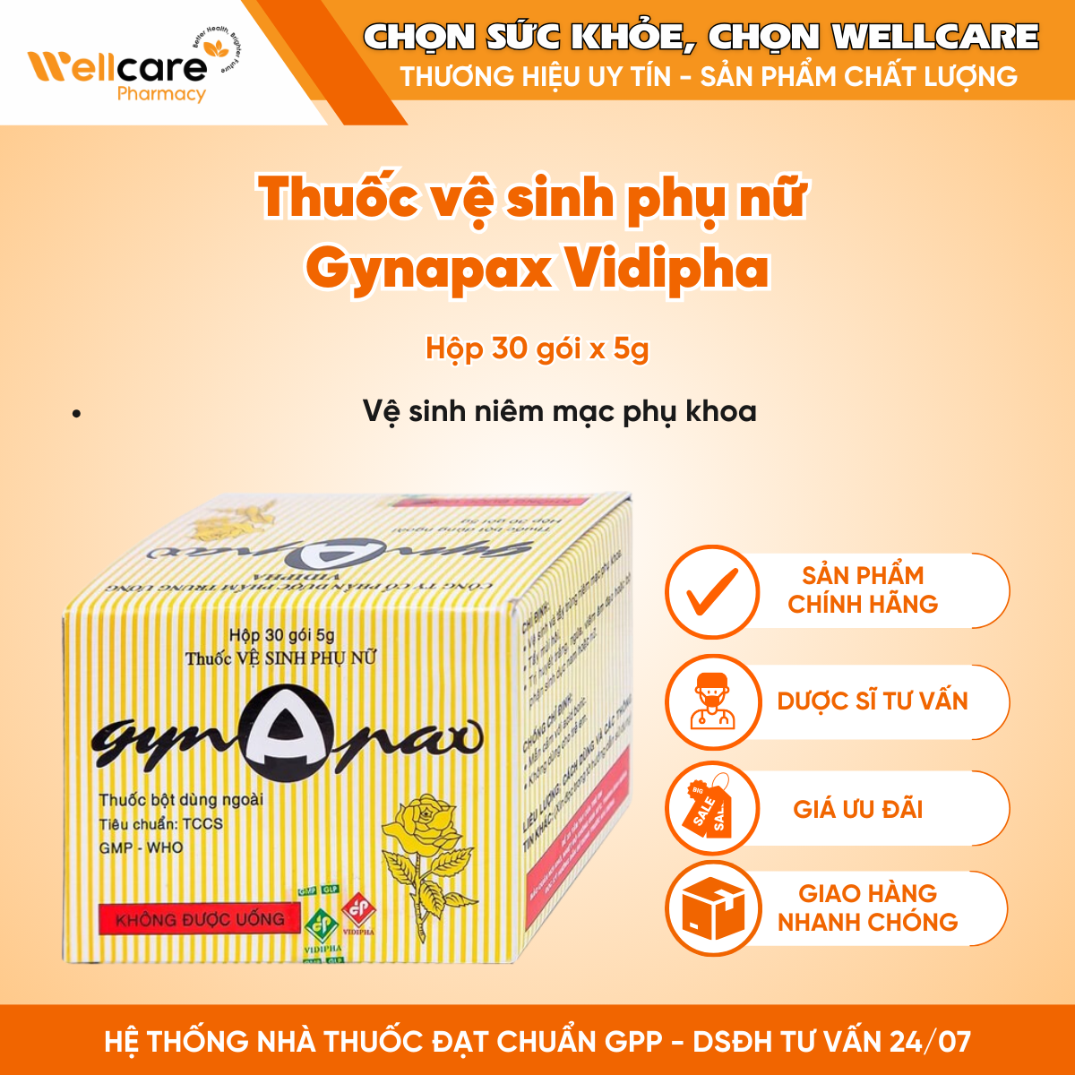 Thuốc vệ sinh phụ nữ Gynapax Vidipha – Vệ sinh niêm mạc phụ khoa (30 gói x 5g)