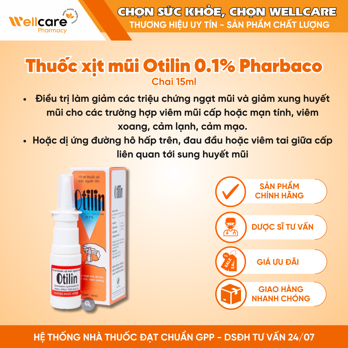 Thuốc xịt mũi Otilin 0.1% Pharbaco – Điều trị ngạt mũi, viêm xoang (15ml)