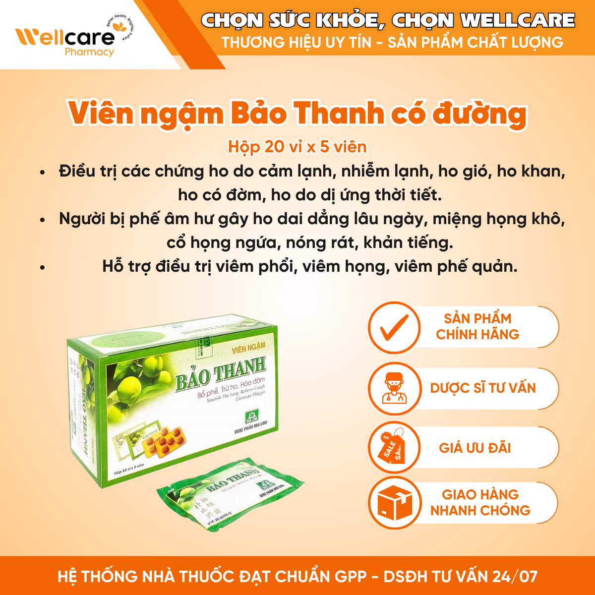 Viên ngậm Bảo Thanh có đường Hoa Linh bổ phế, trừ ho, hóa đờm (20 vỉ x 5 viên)