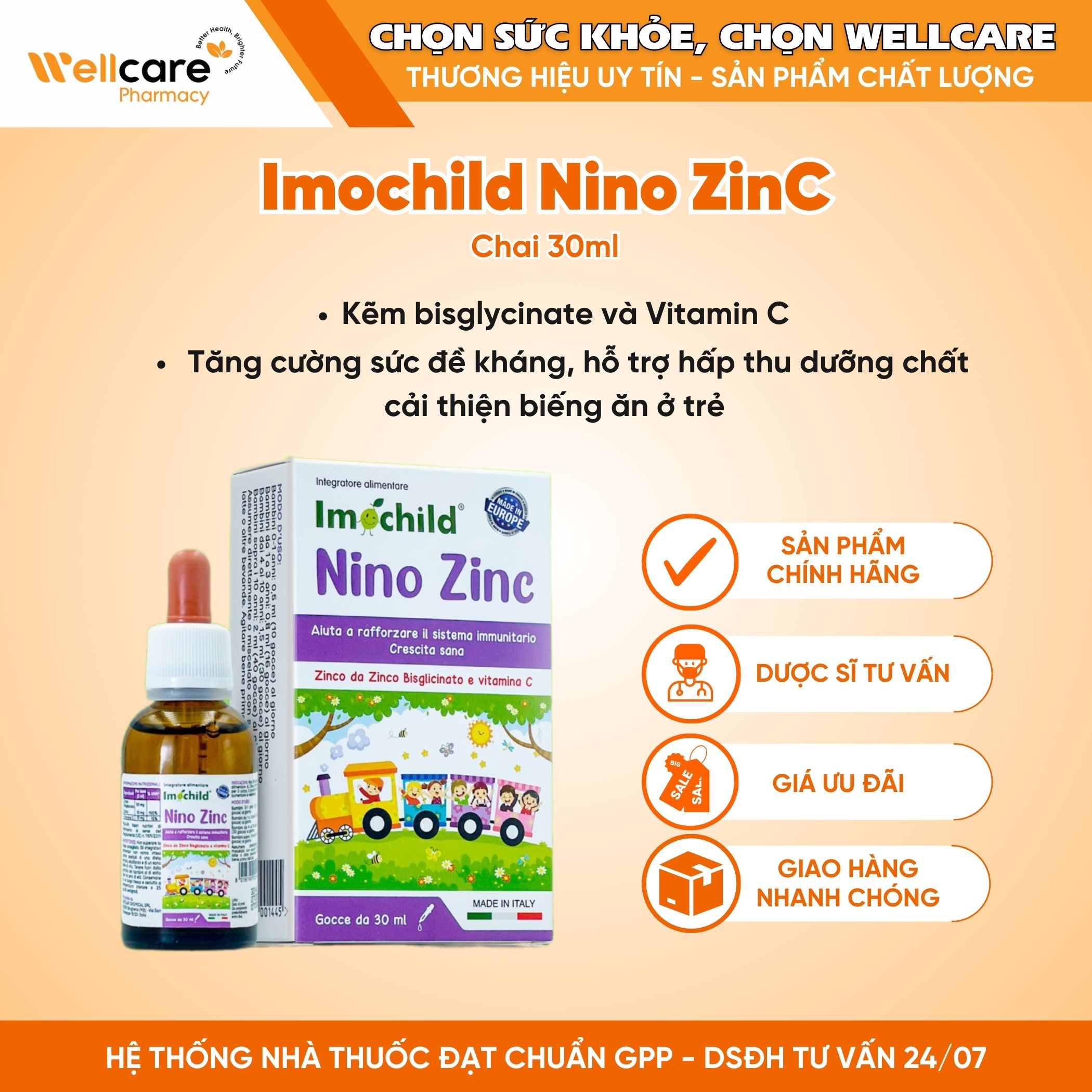 Siro Imochild Nino Zinc – Hỗ trợ bé ăn ngon, tăng đề kháng ( Chai 30ml)