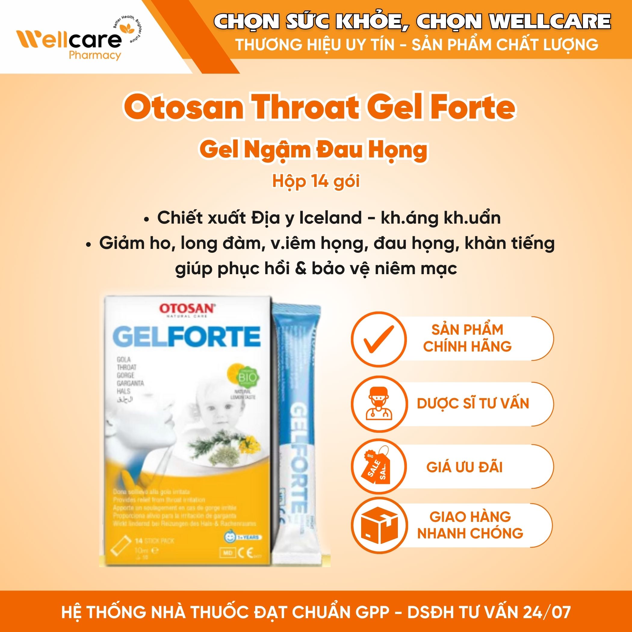 Gel ngậm họng Throat Gel Forte Otosan – Giảm triệu chứng kích ứng cổ họng (Hộp 14 gói)