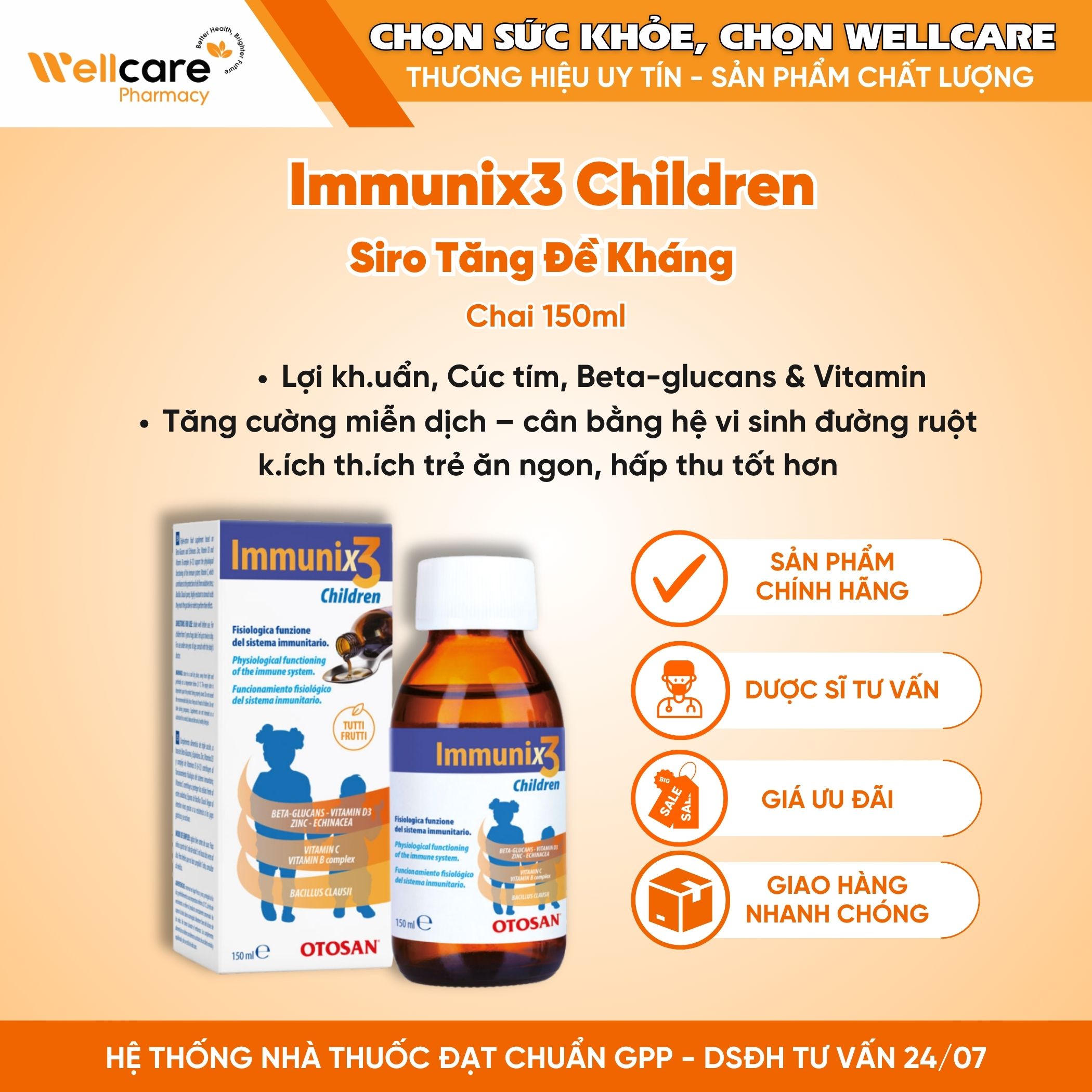 Siro Immunix 3 children – Tăng cường đề kháng, bổ sung vitamin cho trẻ (Chai 150ml)