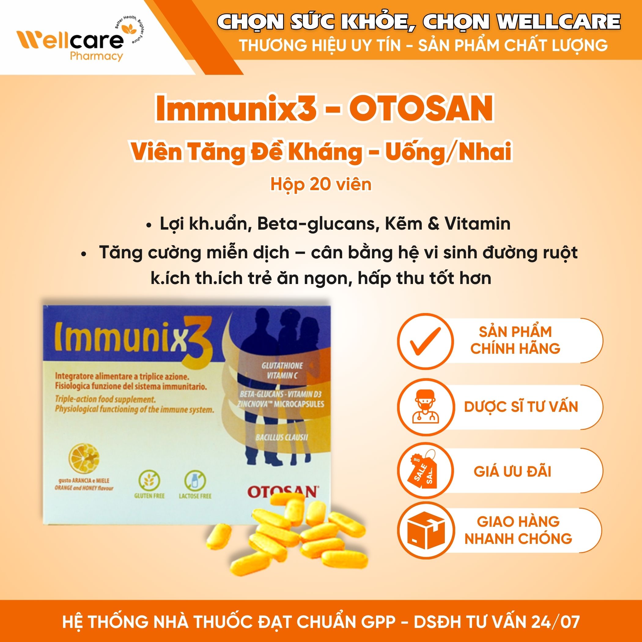 Viên nhai Immunix 3 – Tăng cường đề kháng, bổ sung vitamin cho trẻ ( Hộp 20 viên)