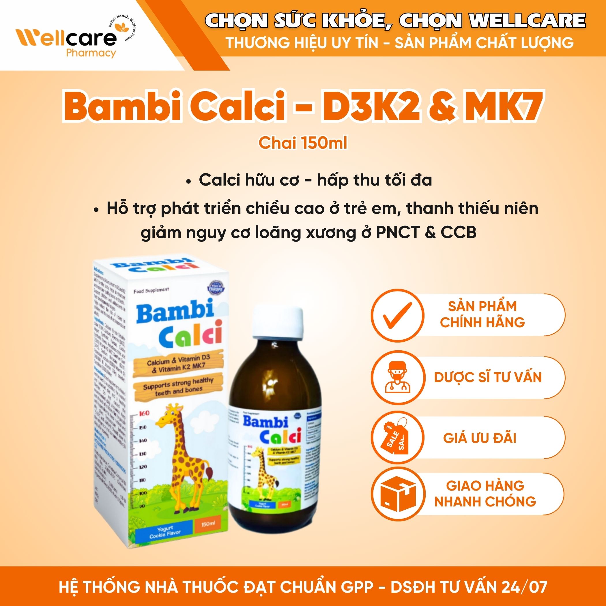 Bambi Calci – Bổ sung Canxi, Vitamin D3 và Vitamin K2MK7 cho trẻ (Chai 150ml)