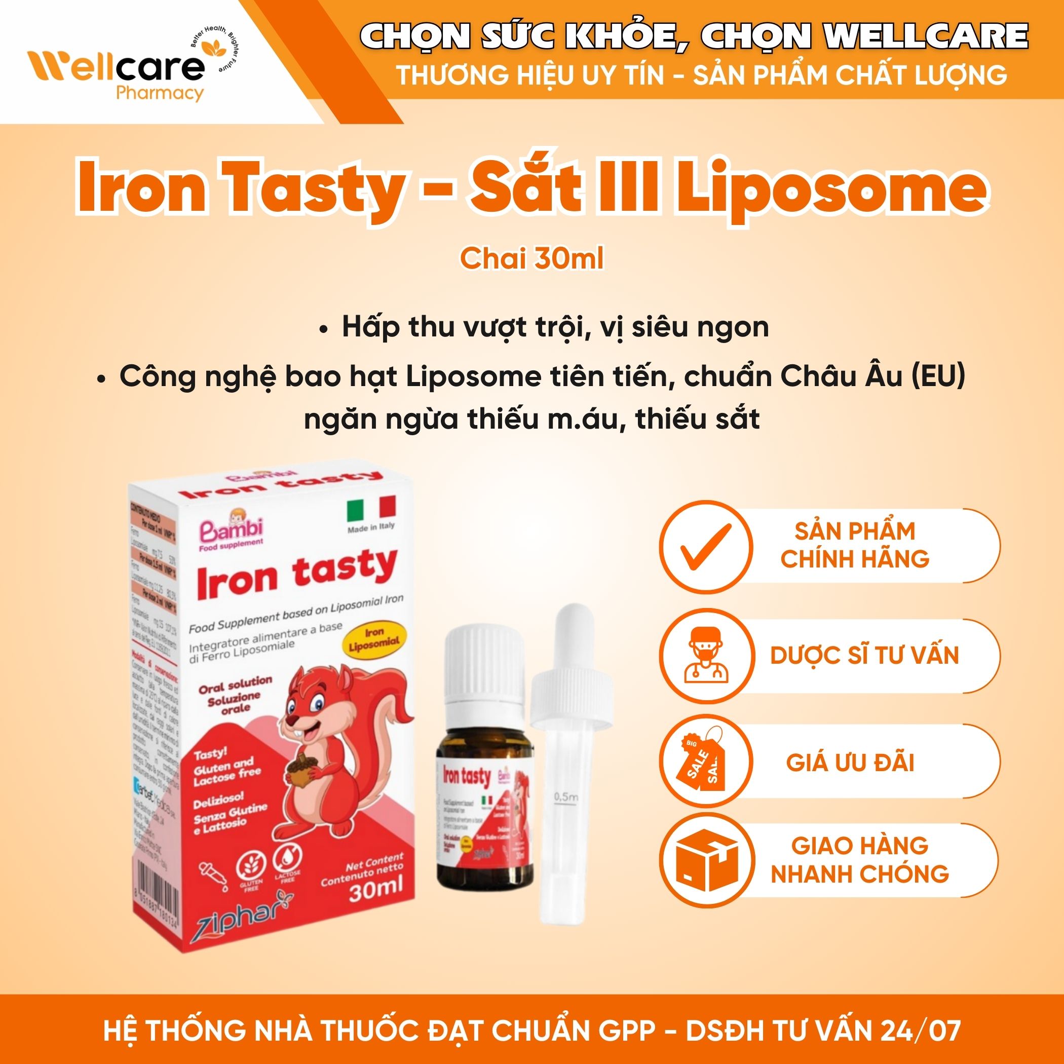 Sắt Iron Tasty – Bổ sung sắt III công nghệ liposome, giúp giảm thiếu máu do thiếu sắt cho trẻ em (Lọ 30ml)
