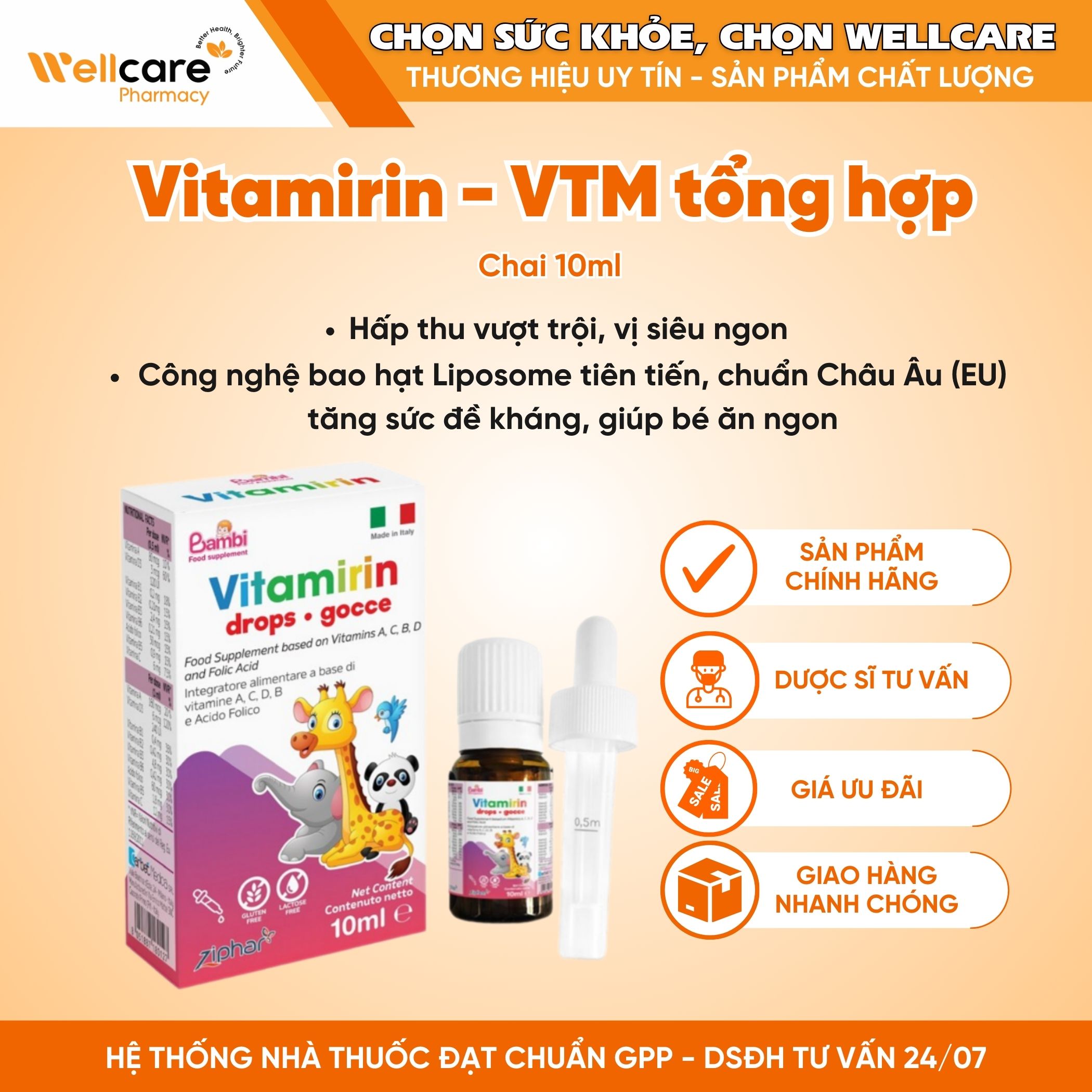 Vitamirin Bambi Wellcare – Bổ sung vitamin tổng hợp cho trẻ em, trẻ nhỏ, đột phá công nghệ liposome (Lọ 10ml)