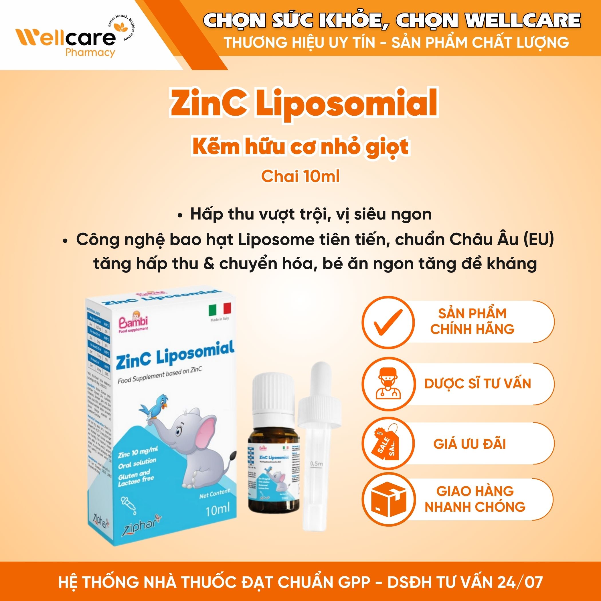 Kẽm nhỏ giọt ZinC Liposomial – Kẽm hữu cơ nhỏ giọt, tăng hấp thu, miễn dịch, giúp bé ăn ngon (Lọ 30ml )