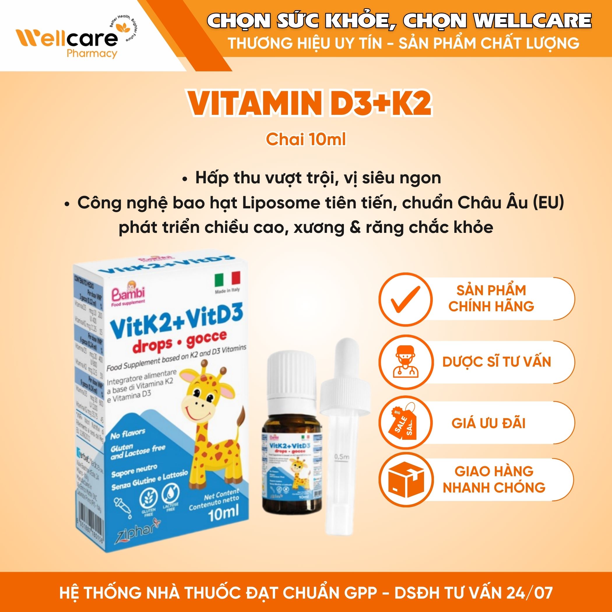 Siro nhỏ giọt VitK2 + VitD3 – Bổ sung vitamin D3K2 hỗ trợ hấp thu canxi phát triển chiều cao cho trẻ em, trẻ nhỏ (Lọ 10ml )
