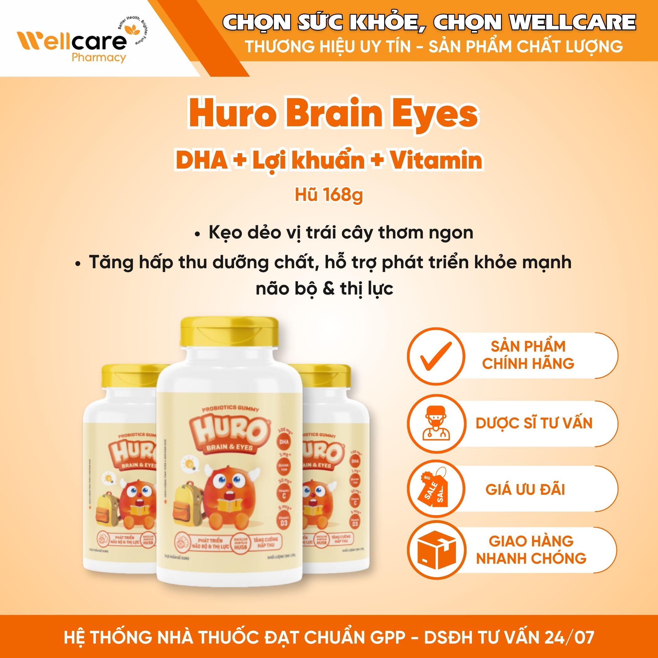 Kẹo dẻo Lợi khuẩn Huro Brain Eyes – Hỗ trợ phát triển não bộ và thị lực (Hộp 168g)