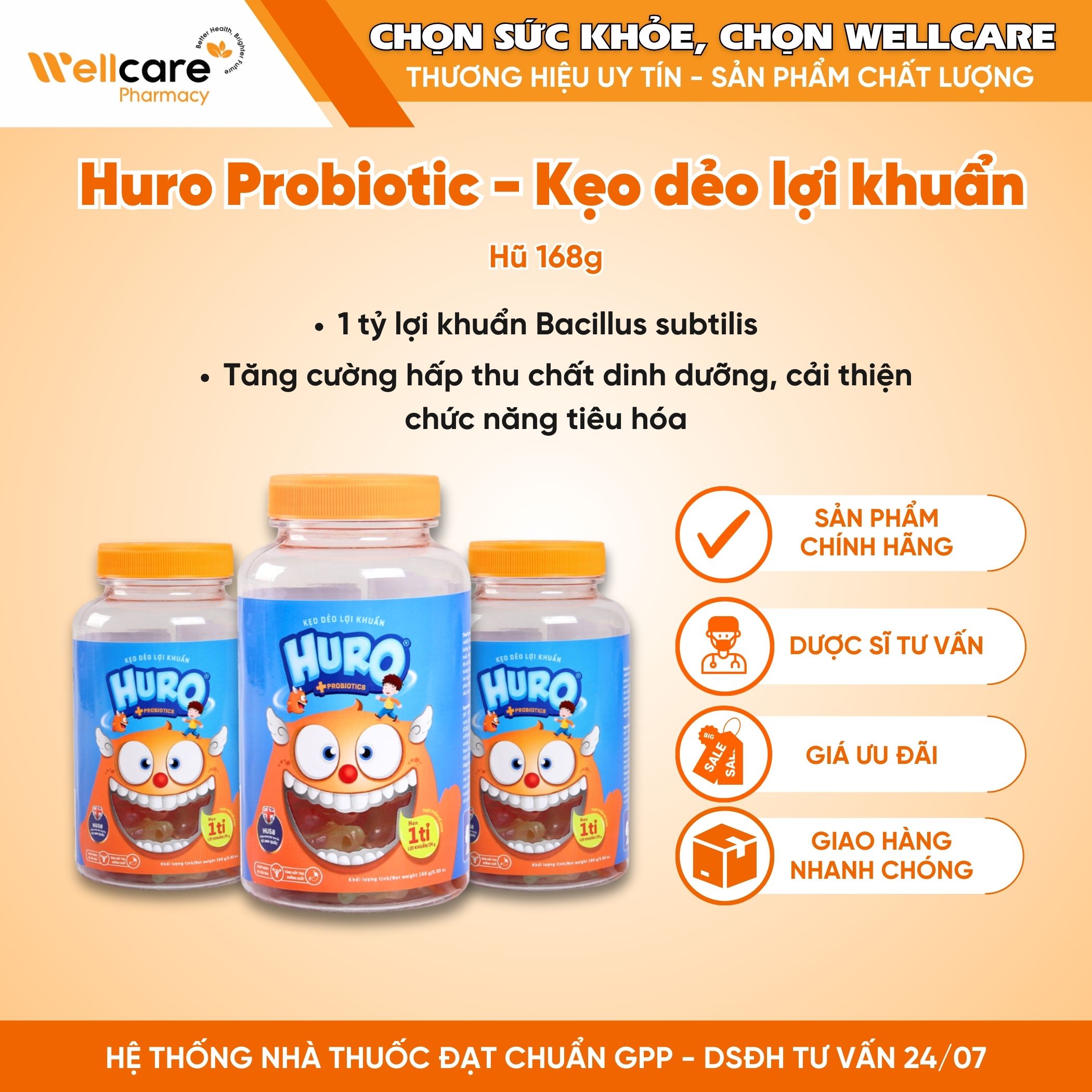 Kẹo dẻo lợi khuẩn Huro Probiotics – Bổ sung lợi khuẩn, hỗ trợ tốt cho tiêu hóa đường ruột, bé ăn ngon (Hủ 168g)