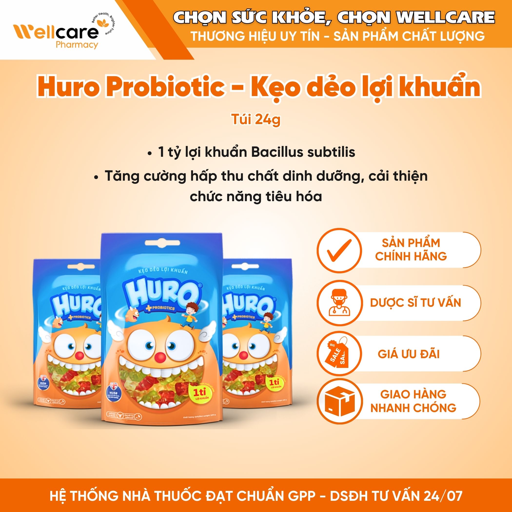 Kẹo dẻo lợi khuẩn Huro Probiotics – Bổ sung lợi khuẩn, hỗ trợ tốt cho tiêu hóa đường ruột, bé ăn ngon (Túi 24g)
