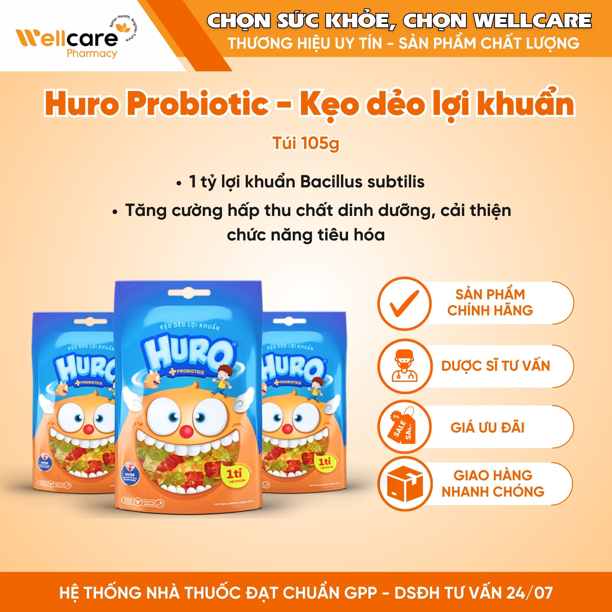 Kẹo dẻo lợi khuẩn Huro Probiotics – Bổ sung lợi khuẩn, hỗ trợ tốt cho tiêu hóa đường ruột, bé ăn ngon (Túi 105g)